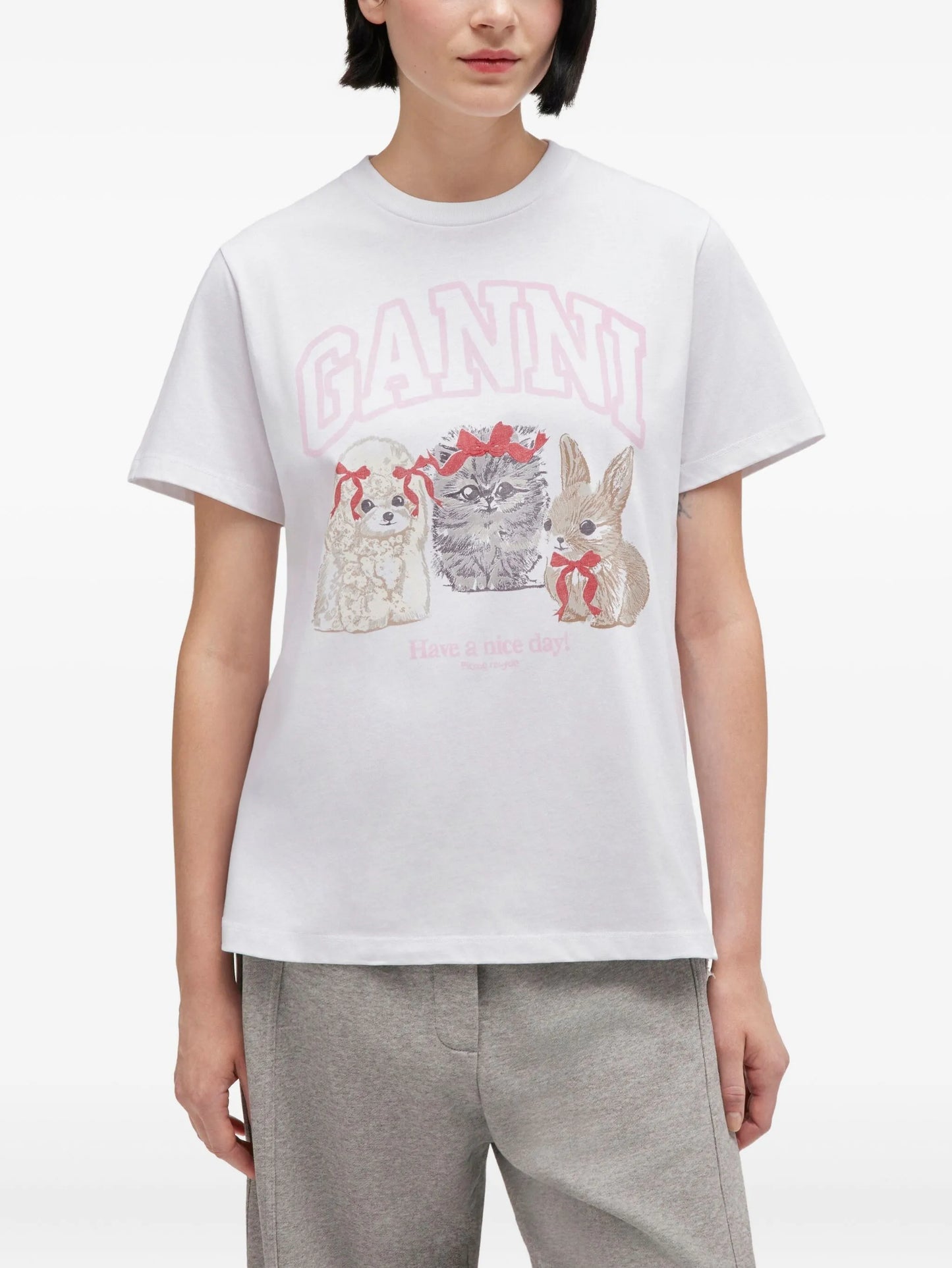 GANNI T-SHIRT BASIC COTTON JERSEY CUTE ANIMALS
