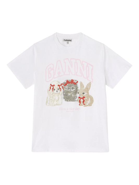 GANNI T-SHIRT BASIC COTTON JERSEY CUTE ANIMALS