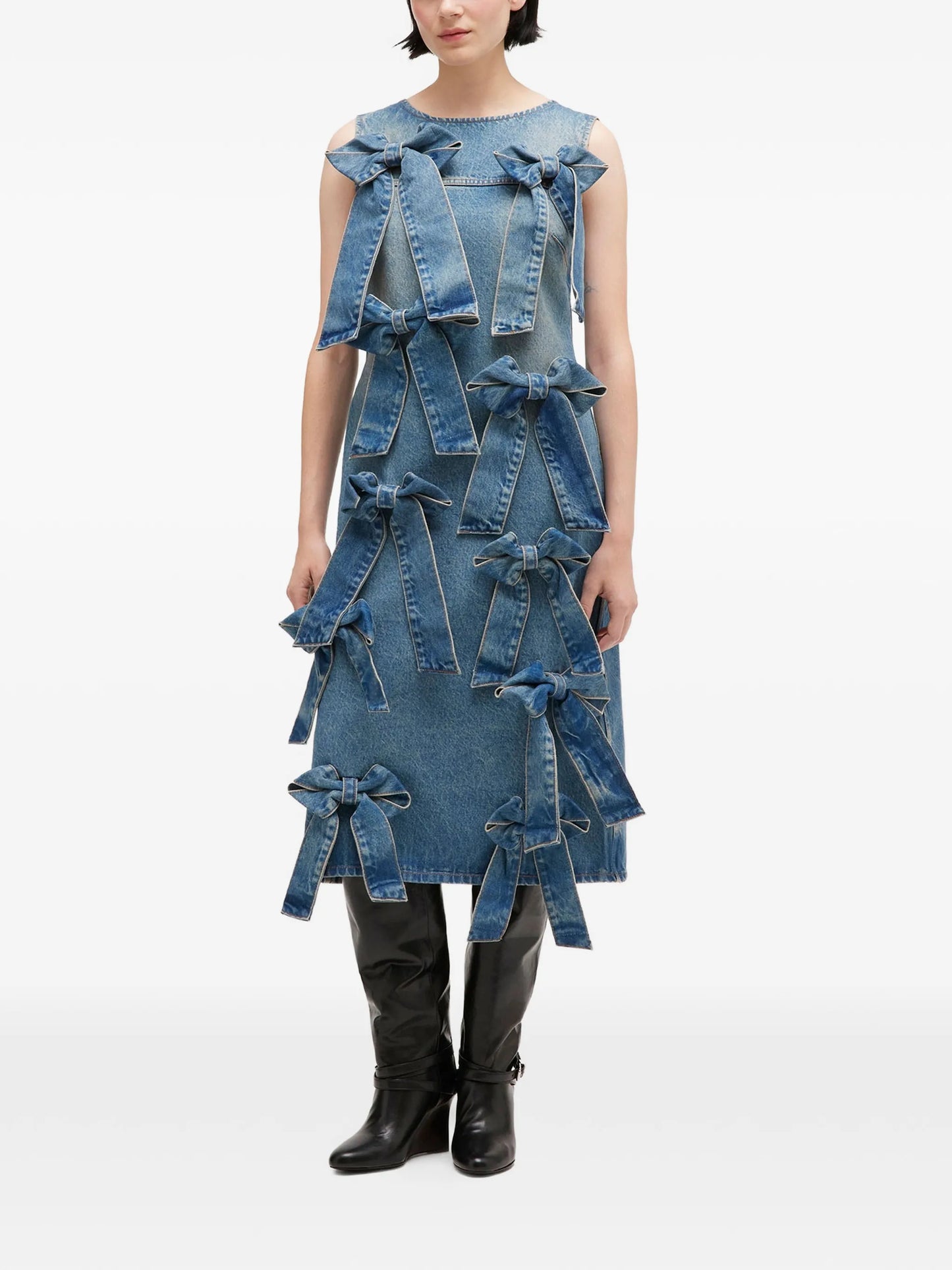 round-neck denim midi dress