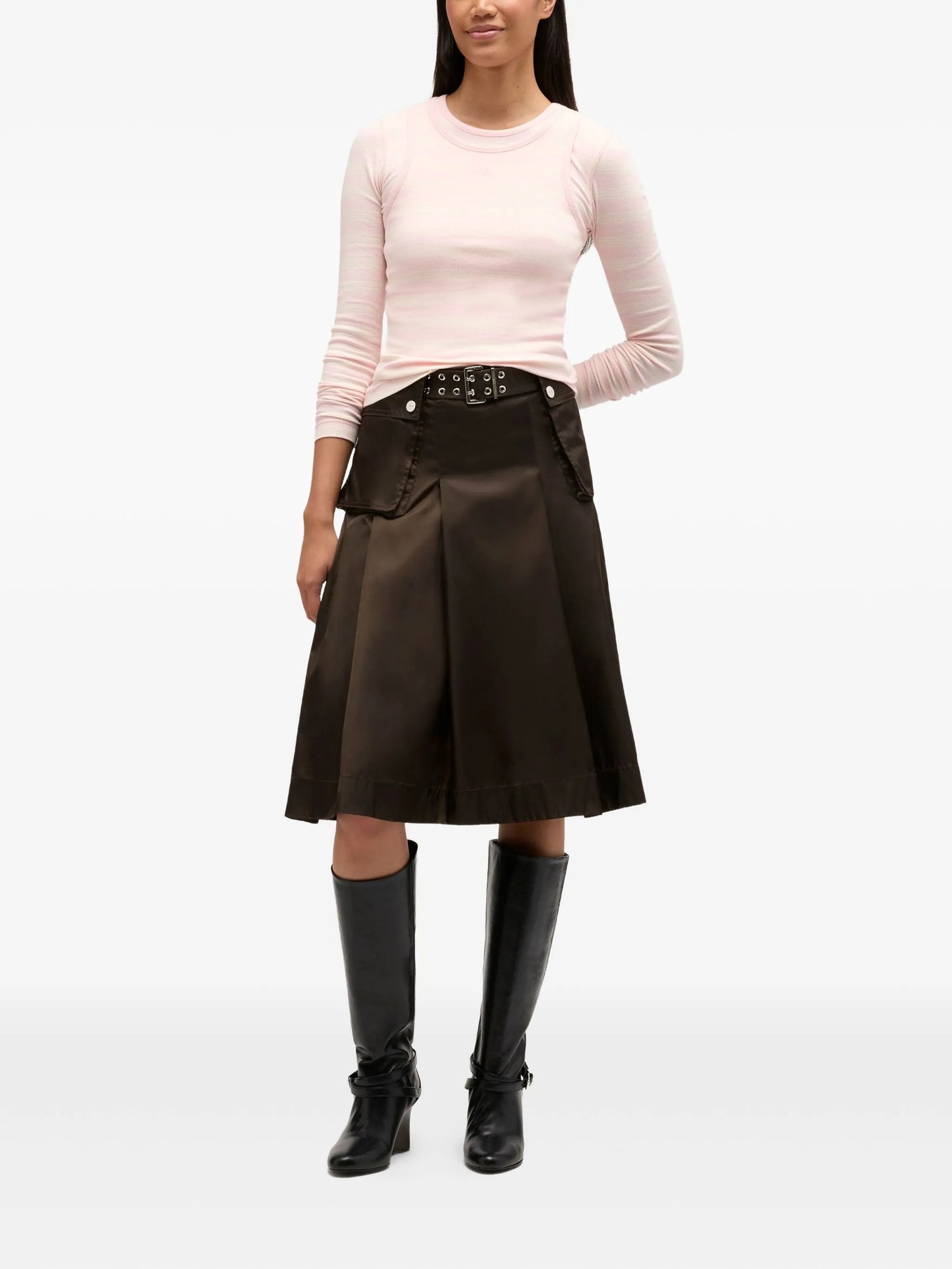 belted patch-pocket pleated skirt