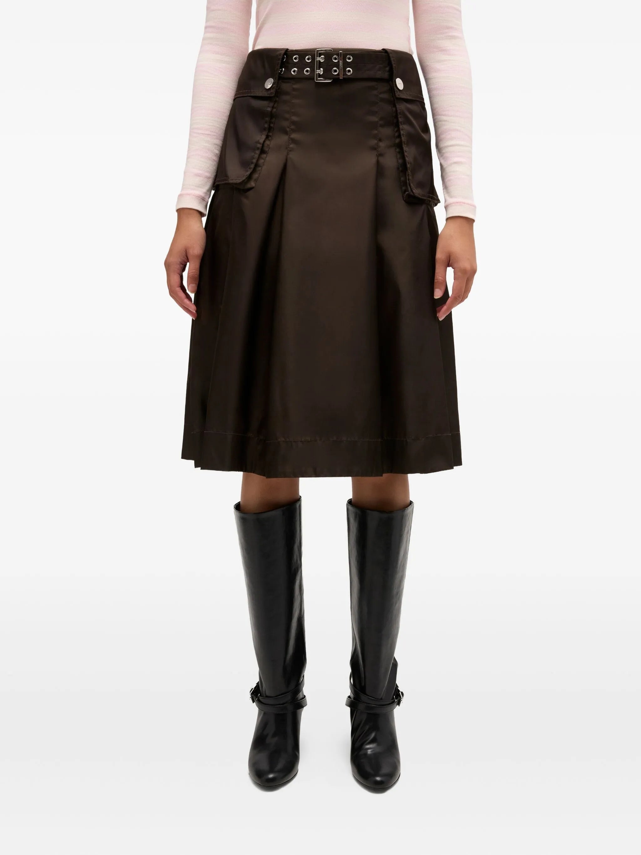 belted patch-pocket pleated skirt