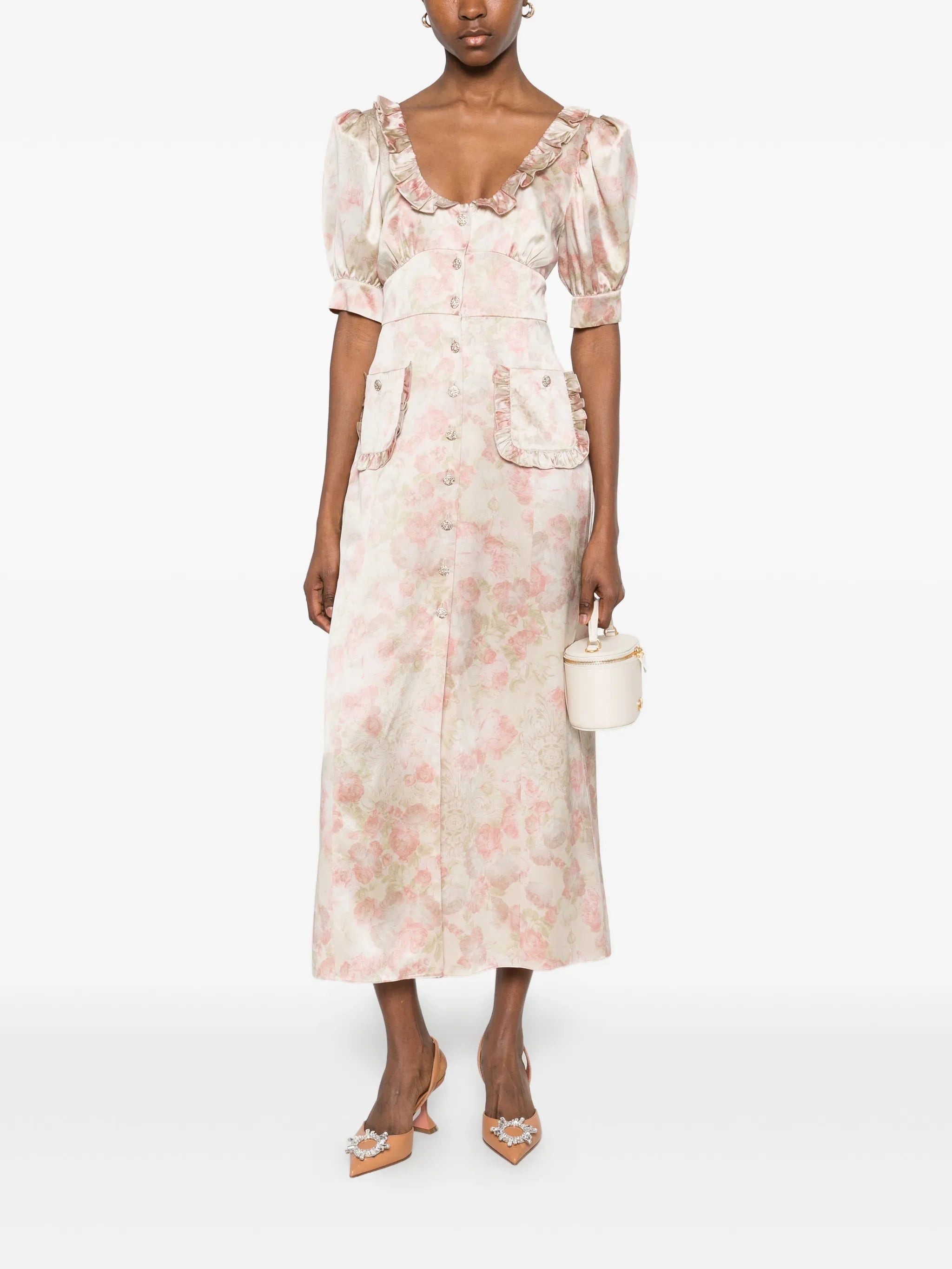 ruffled floral-print silk midi dress