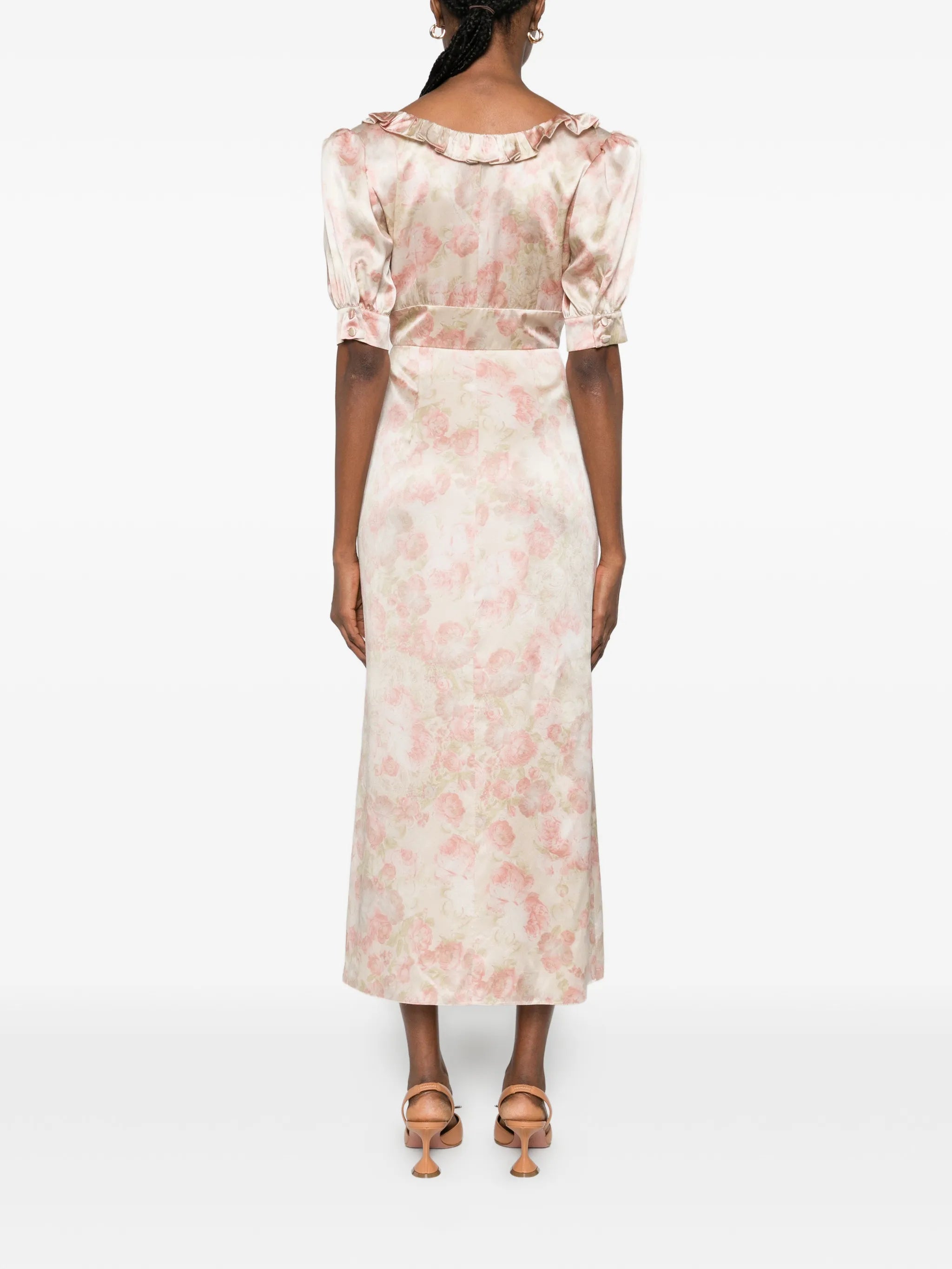 ruffled floral-print silk midi dress