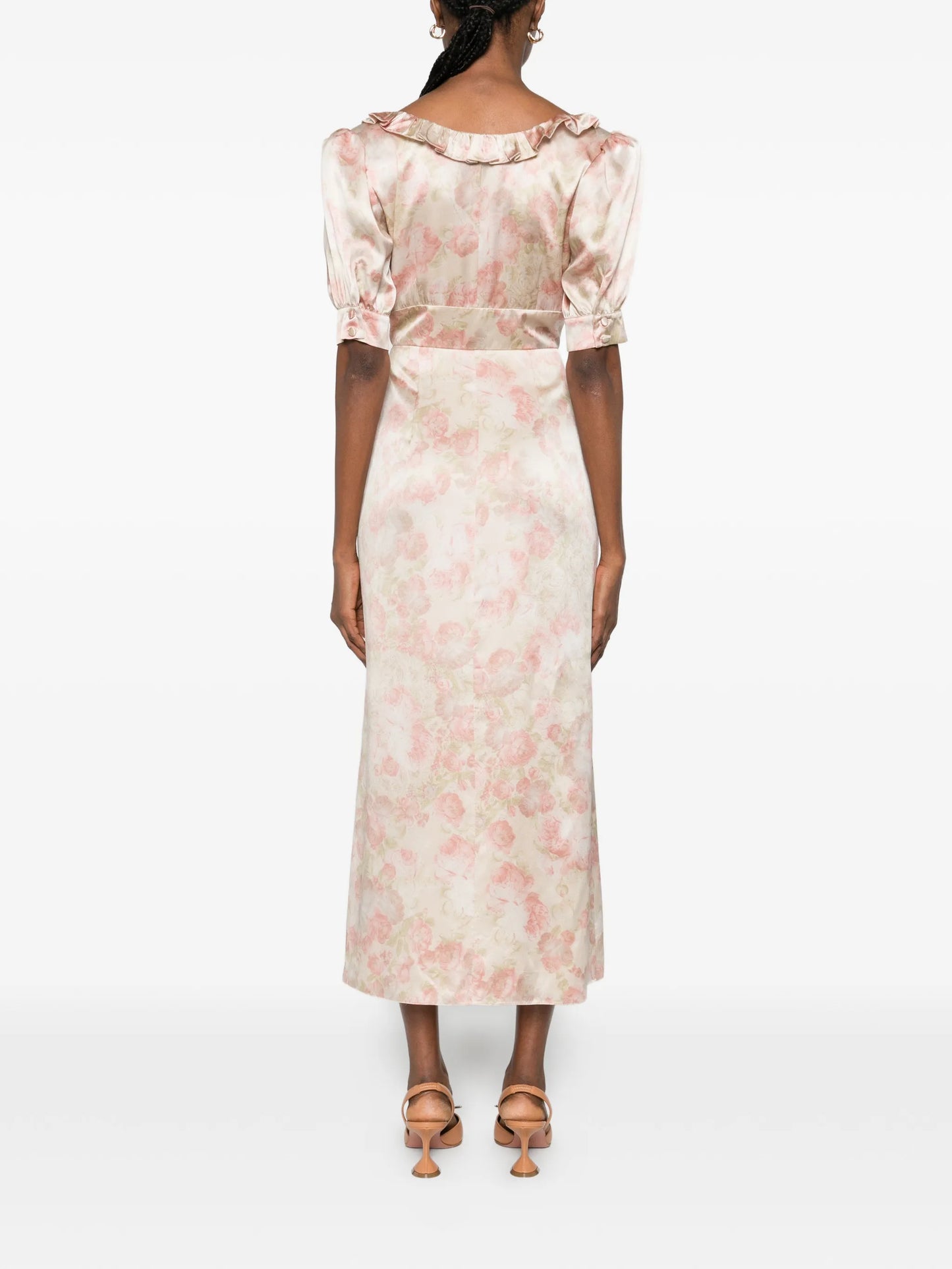 ruffled floral-print silk midi dress