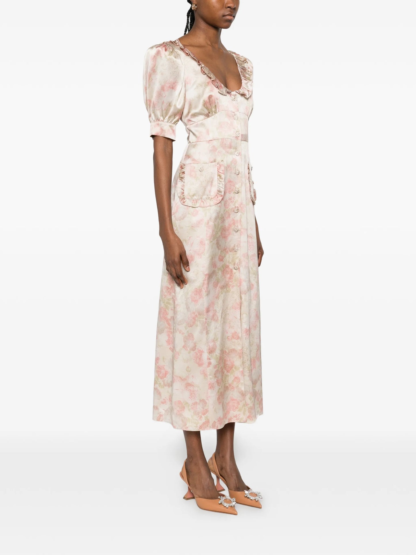 ruffled floral-print silk midi dress