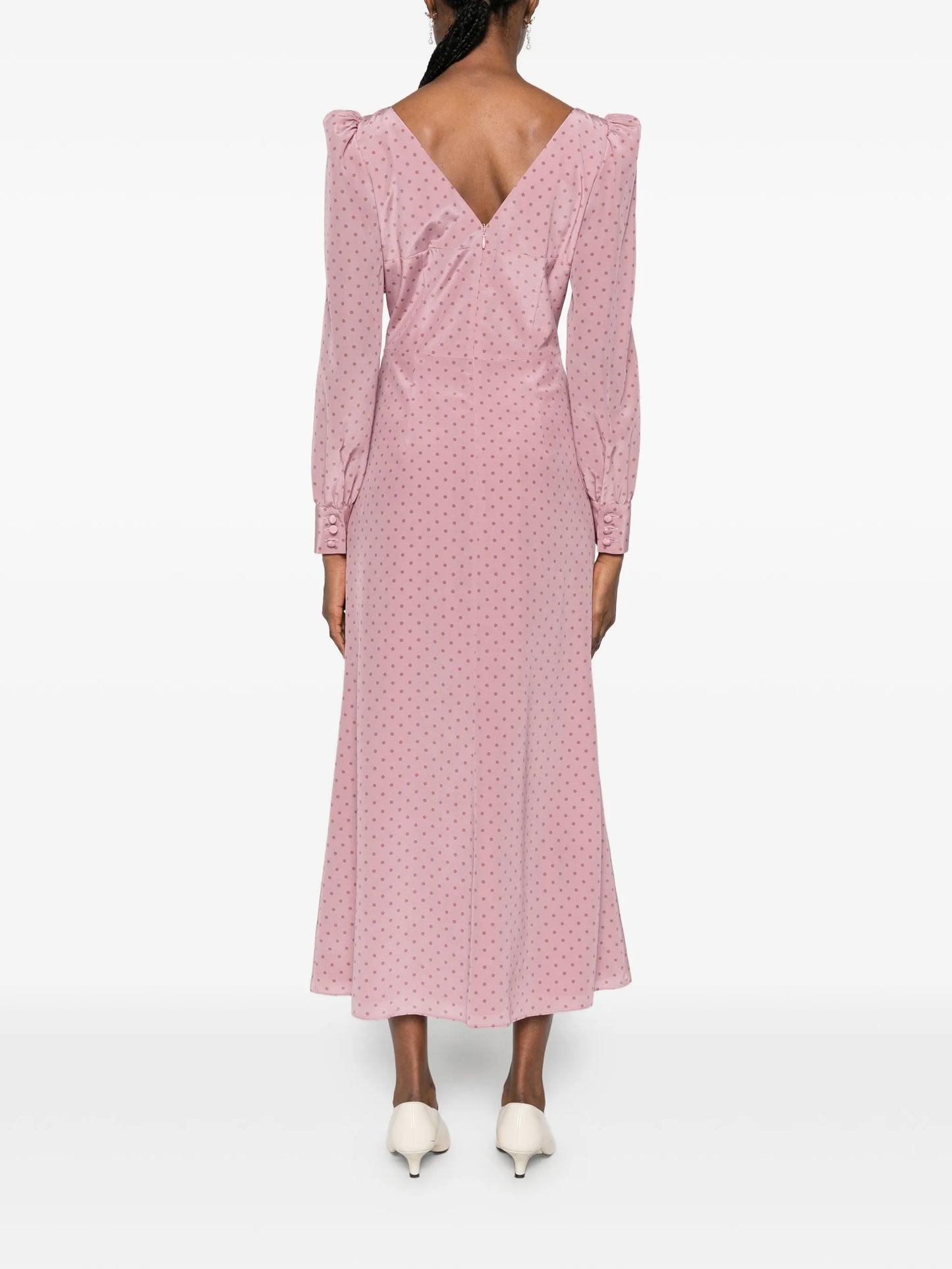 polka-dot silk midi dress with ruffles