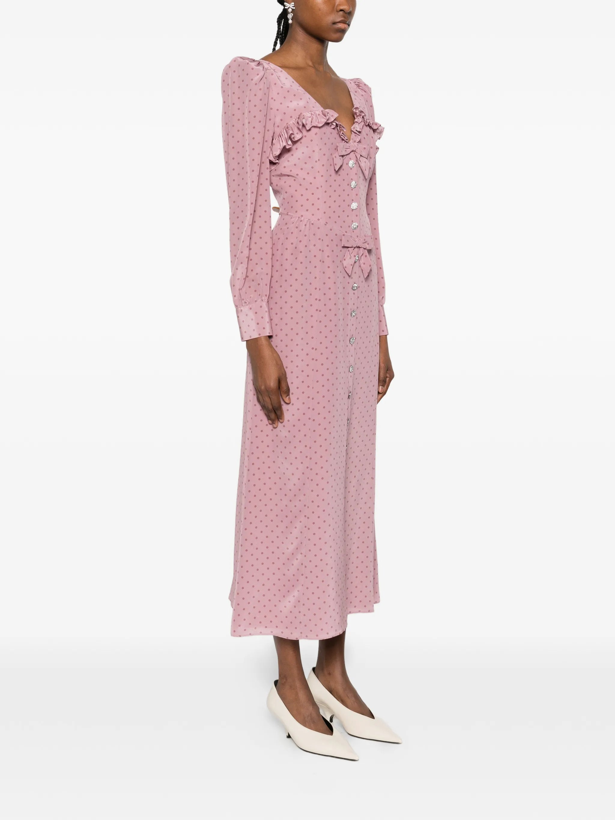 polka-dot silk midi dress with ruffles