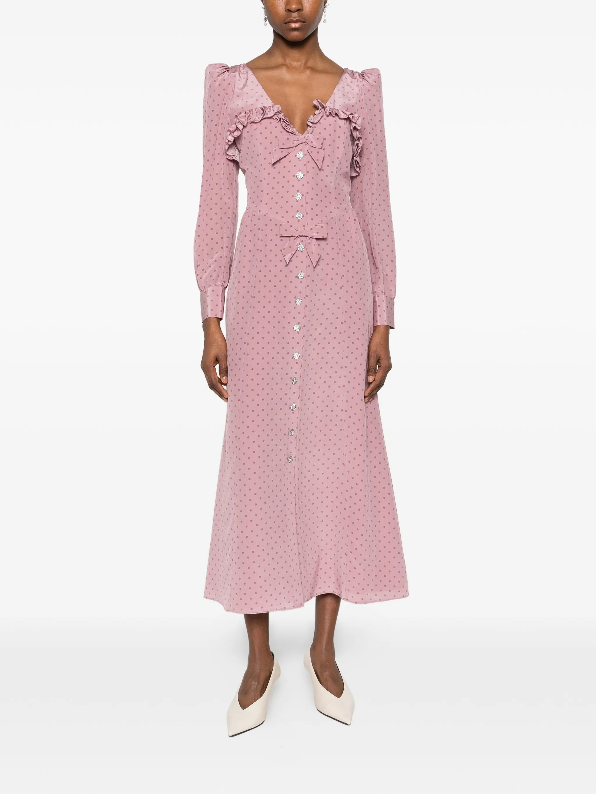polka-dot silk midi dress with ruffles