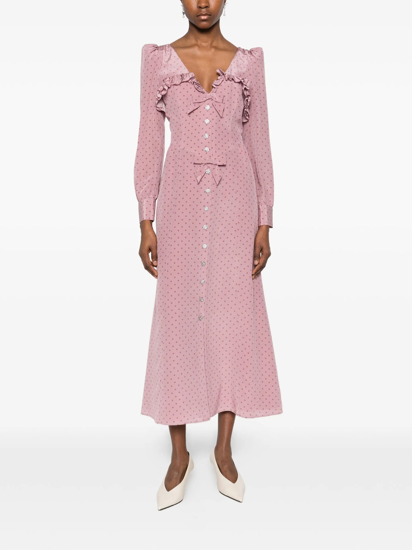 polka-dot silk midi dress with ruffles