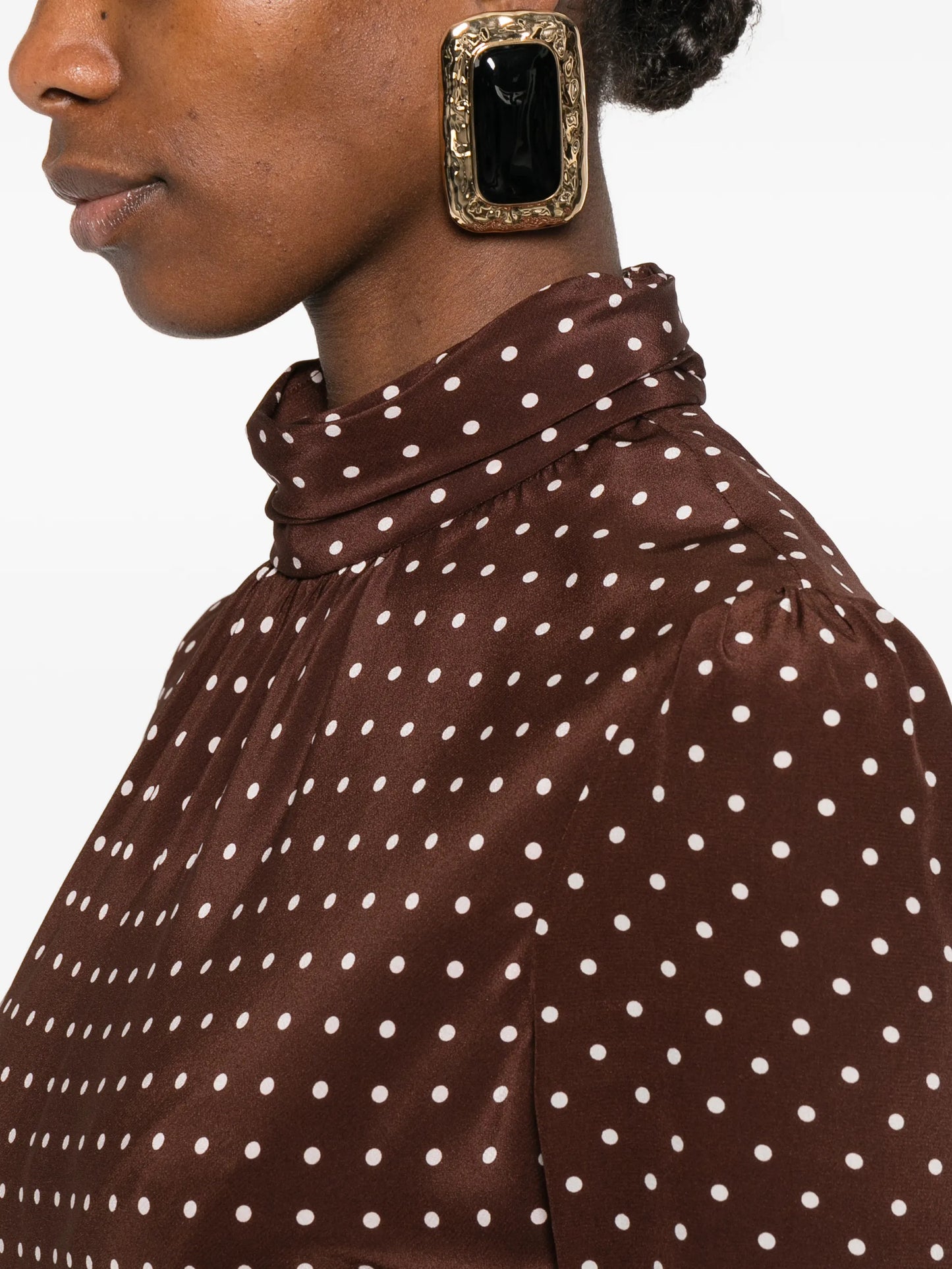 polka-dot silk high neck midi dress