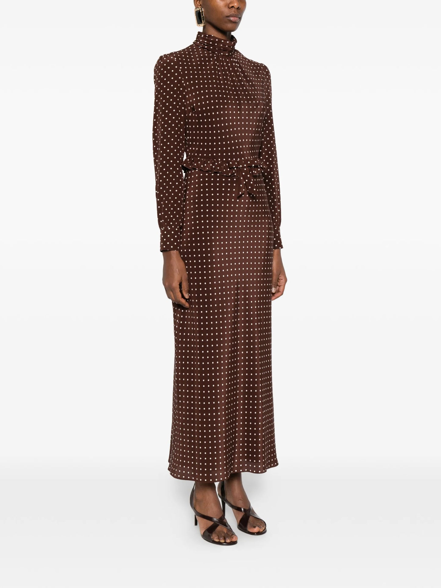 polka-dot silk high neck midi dress