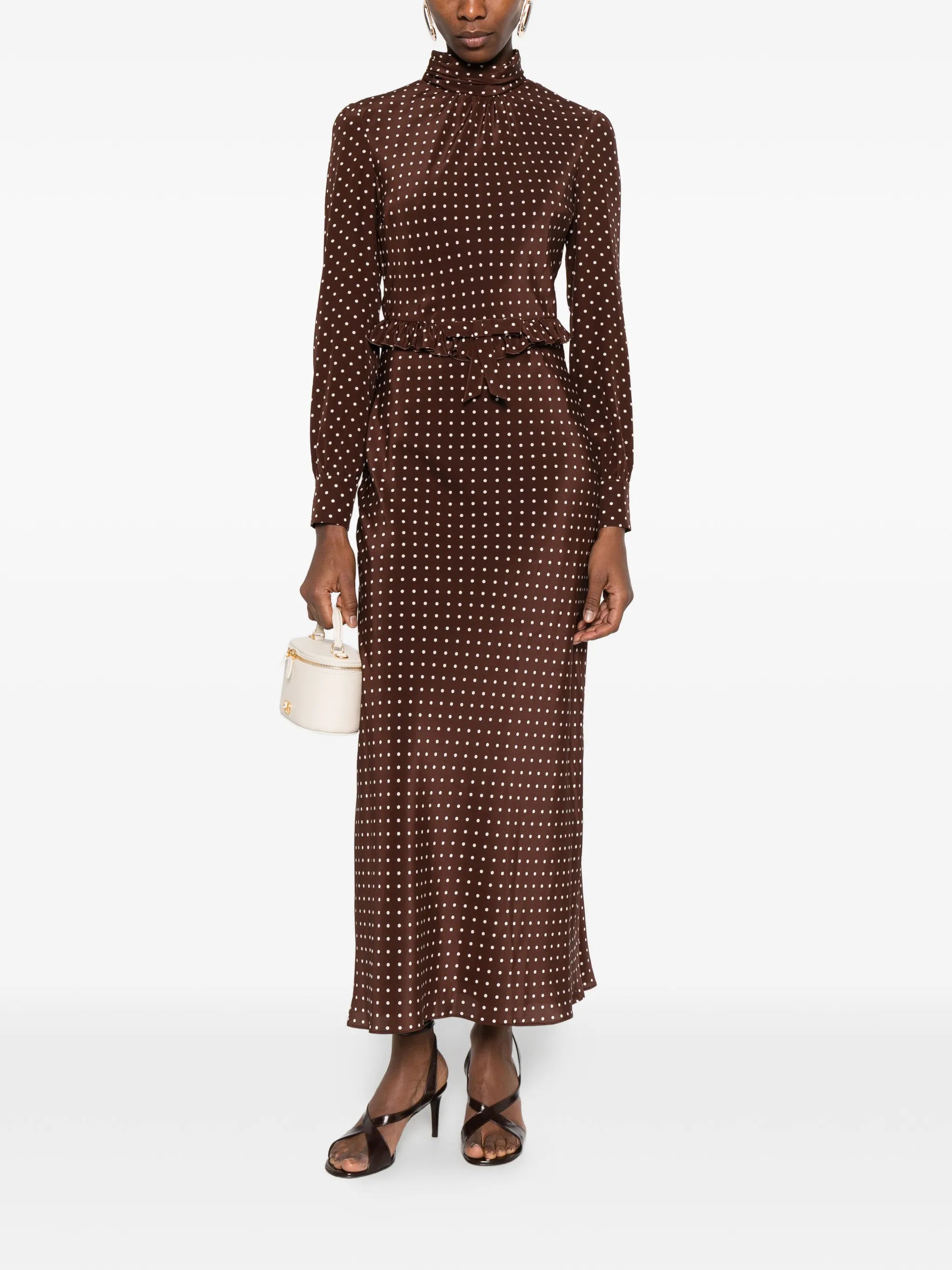 polka-dot silk high neck midi dress