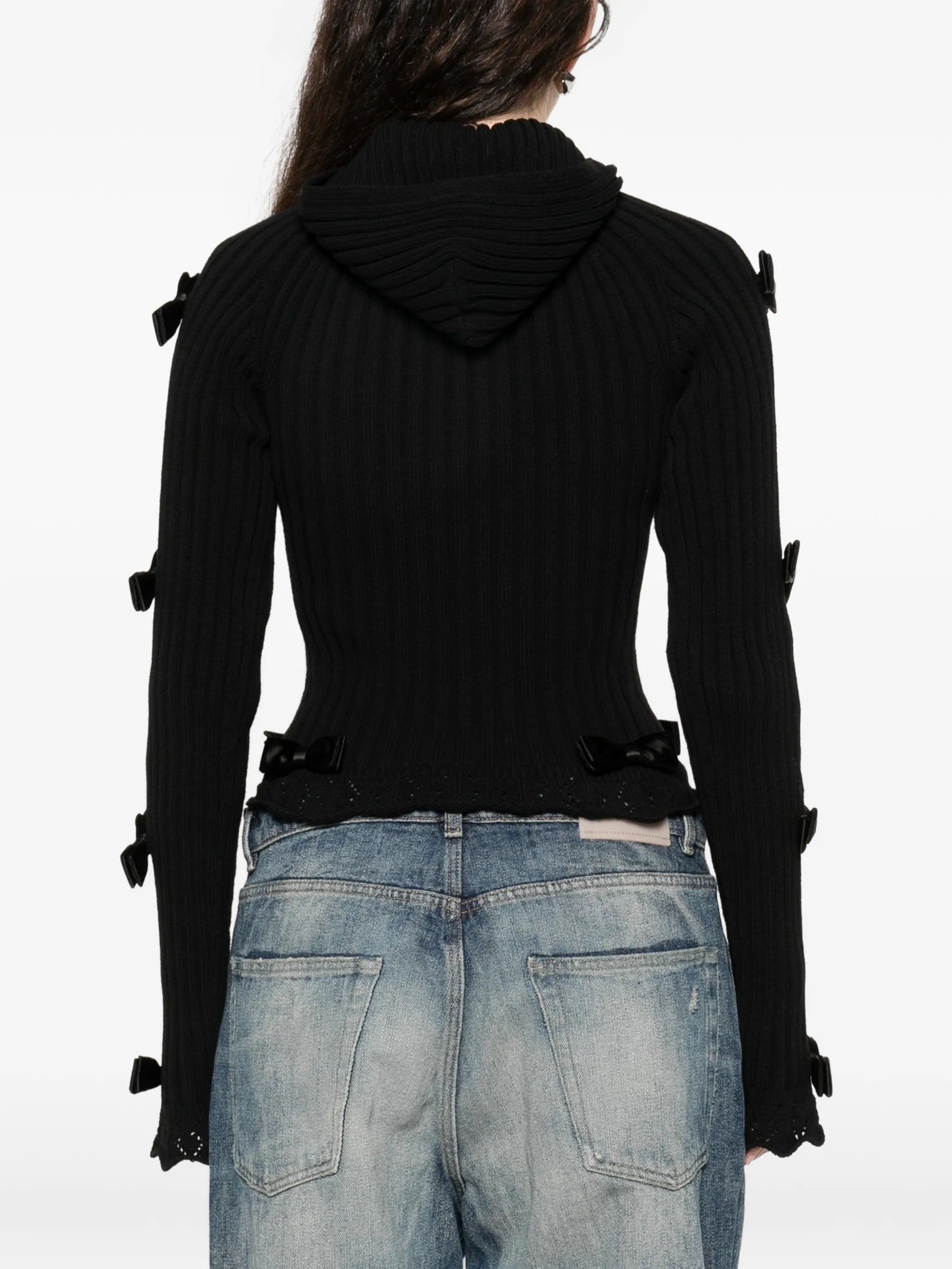 bow-embellished zip-up cardigan