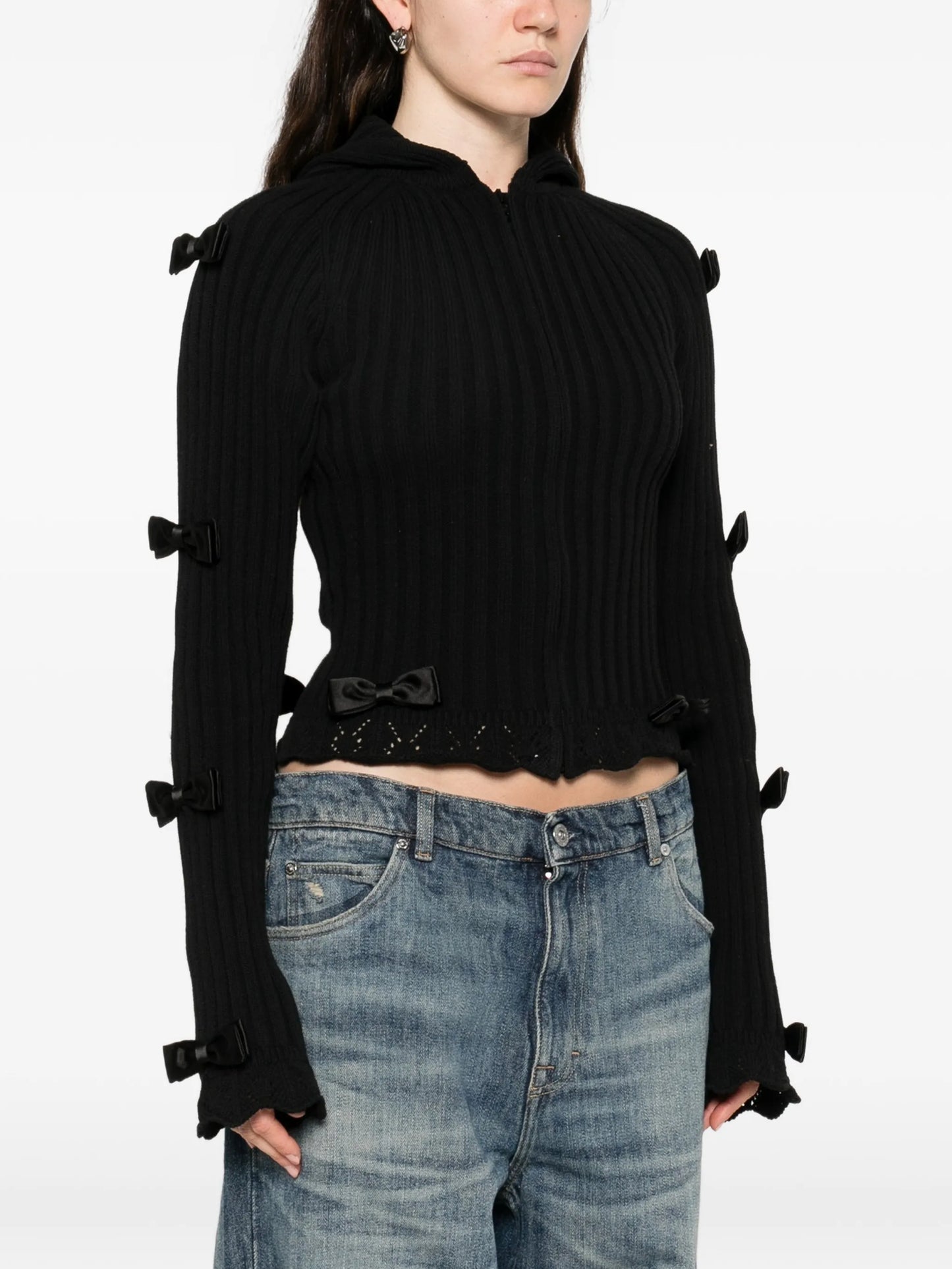 bow-embellished zip-up cardigan