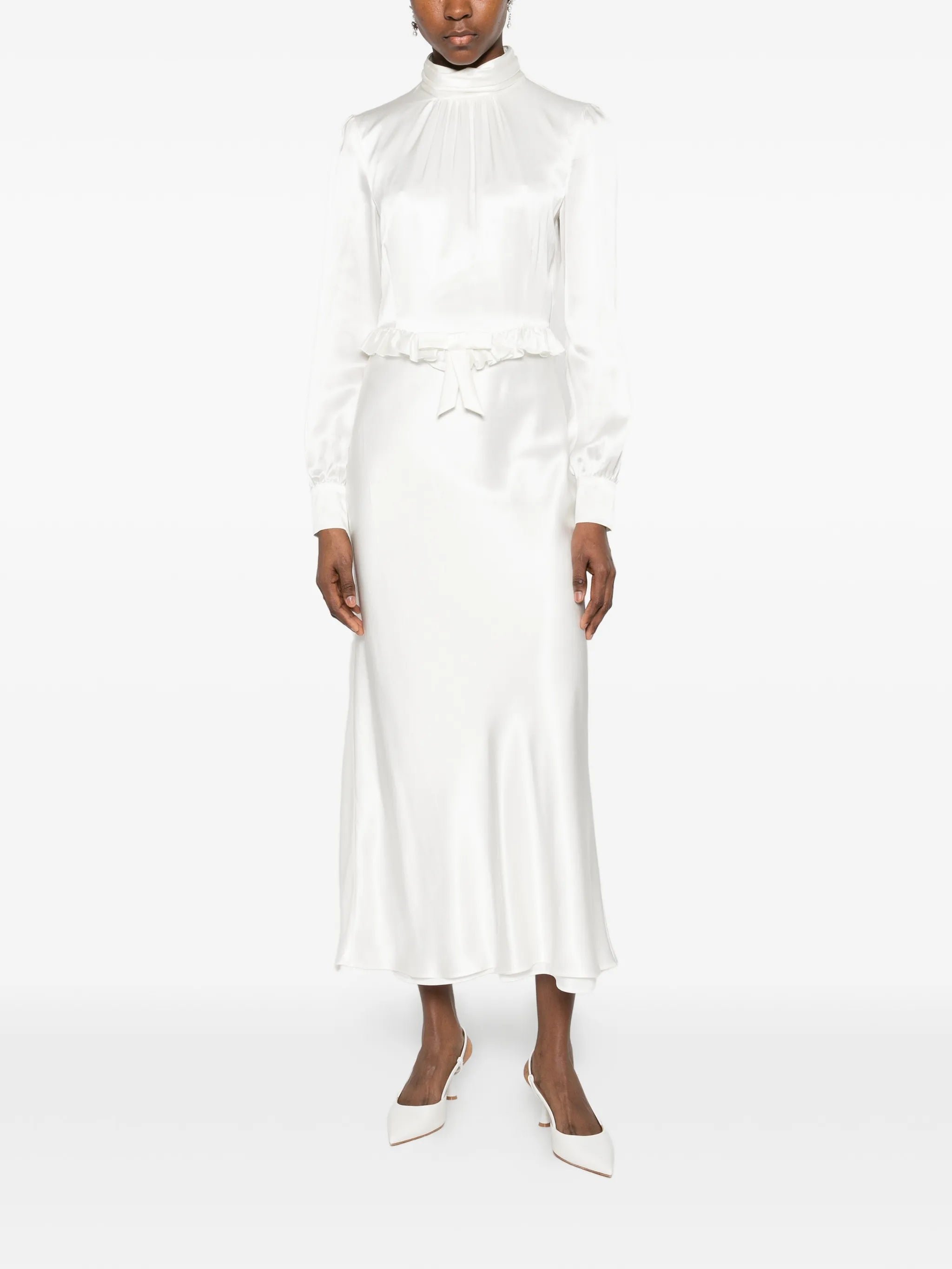 high-neck ruffled silk midi dress