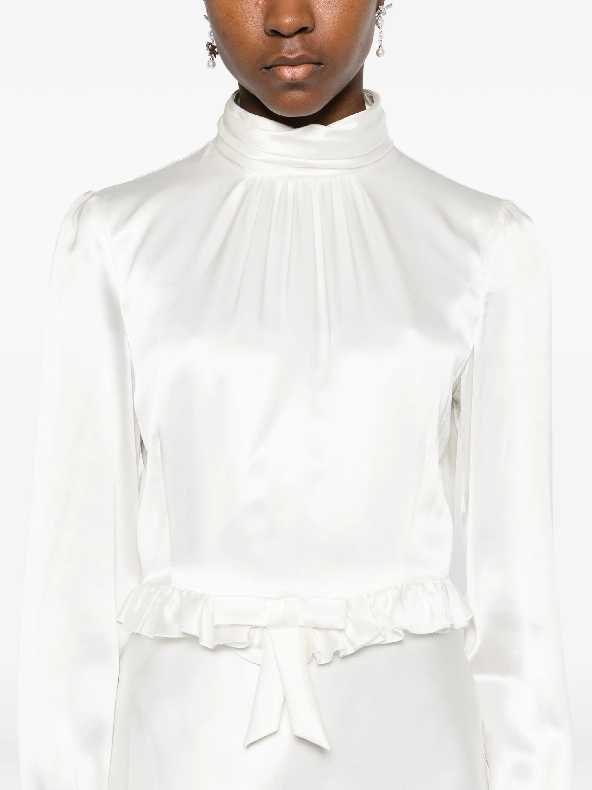 high-neck ruffled silk midi dress