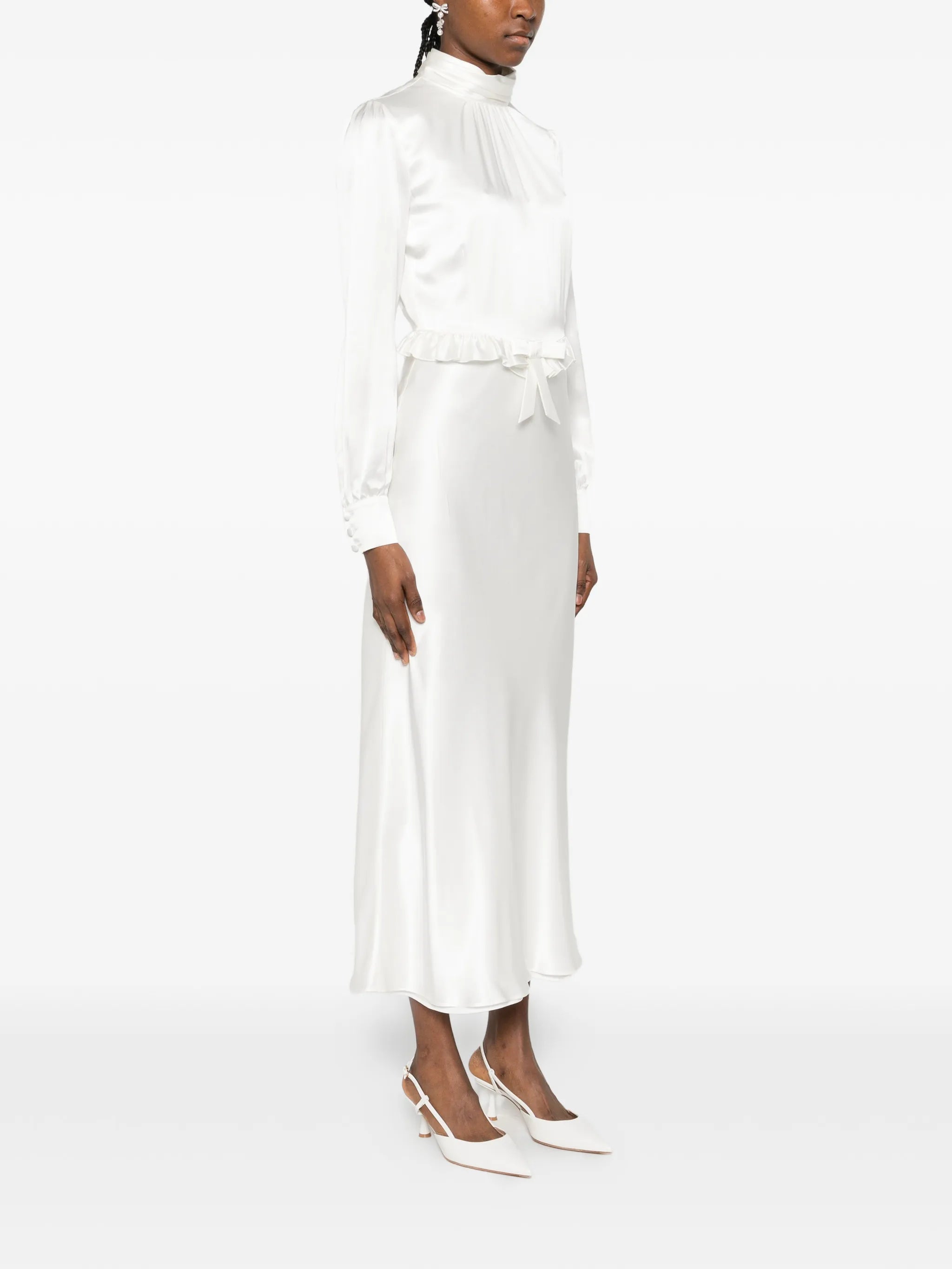 high-neck ruffled silk midi dress