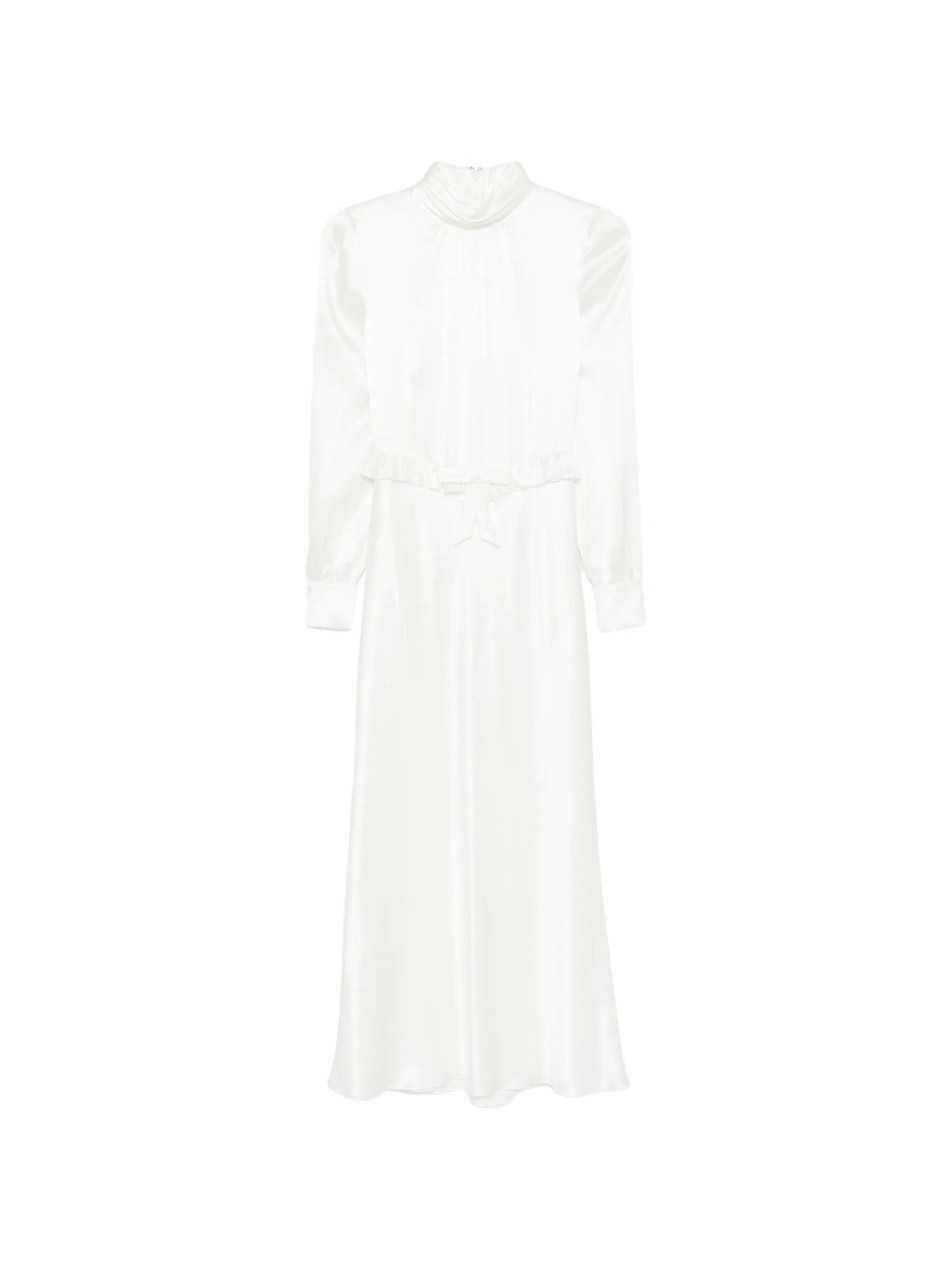 high-neck ruffled silk midi dress