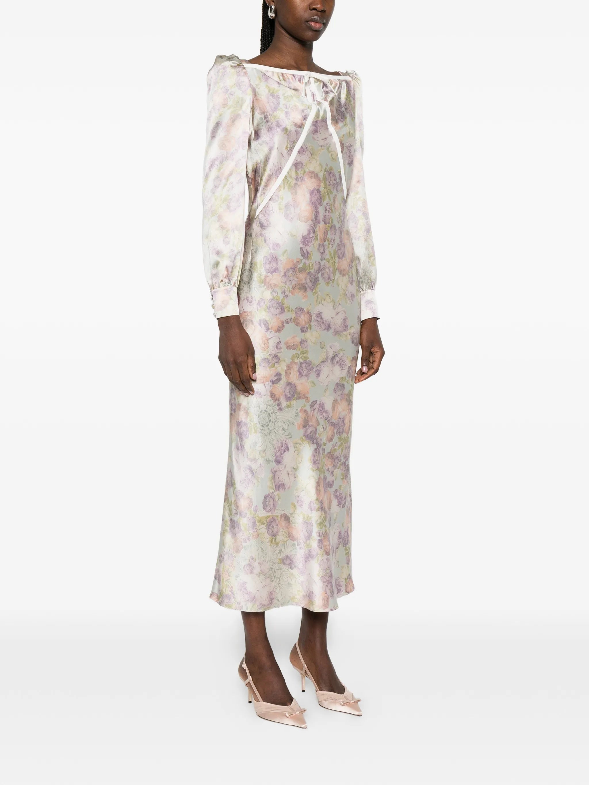 bow floral silk midi dress