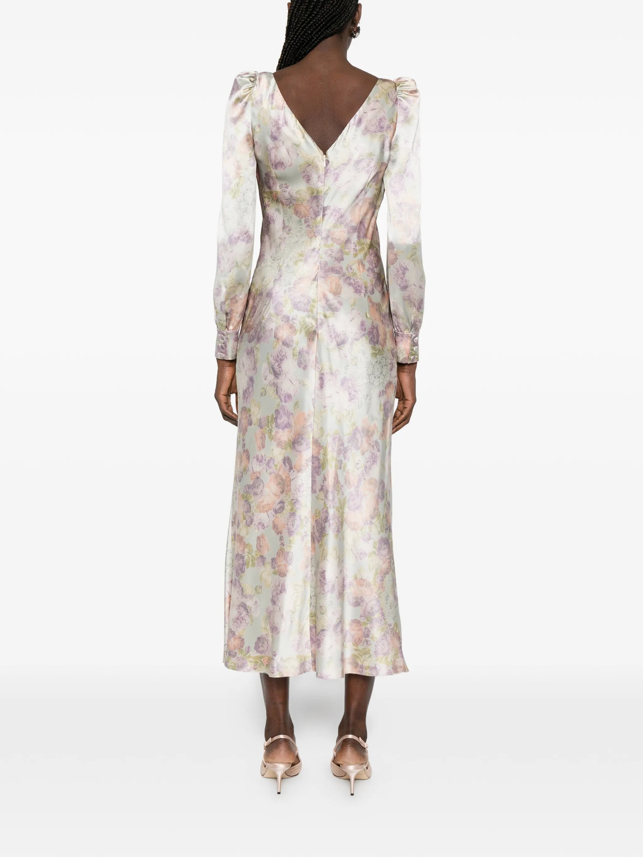 bow floral silk midi dress