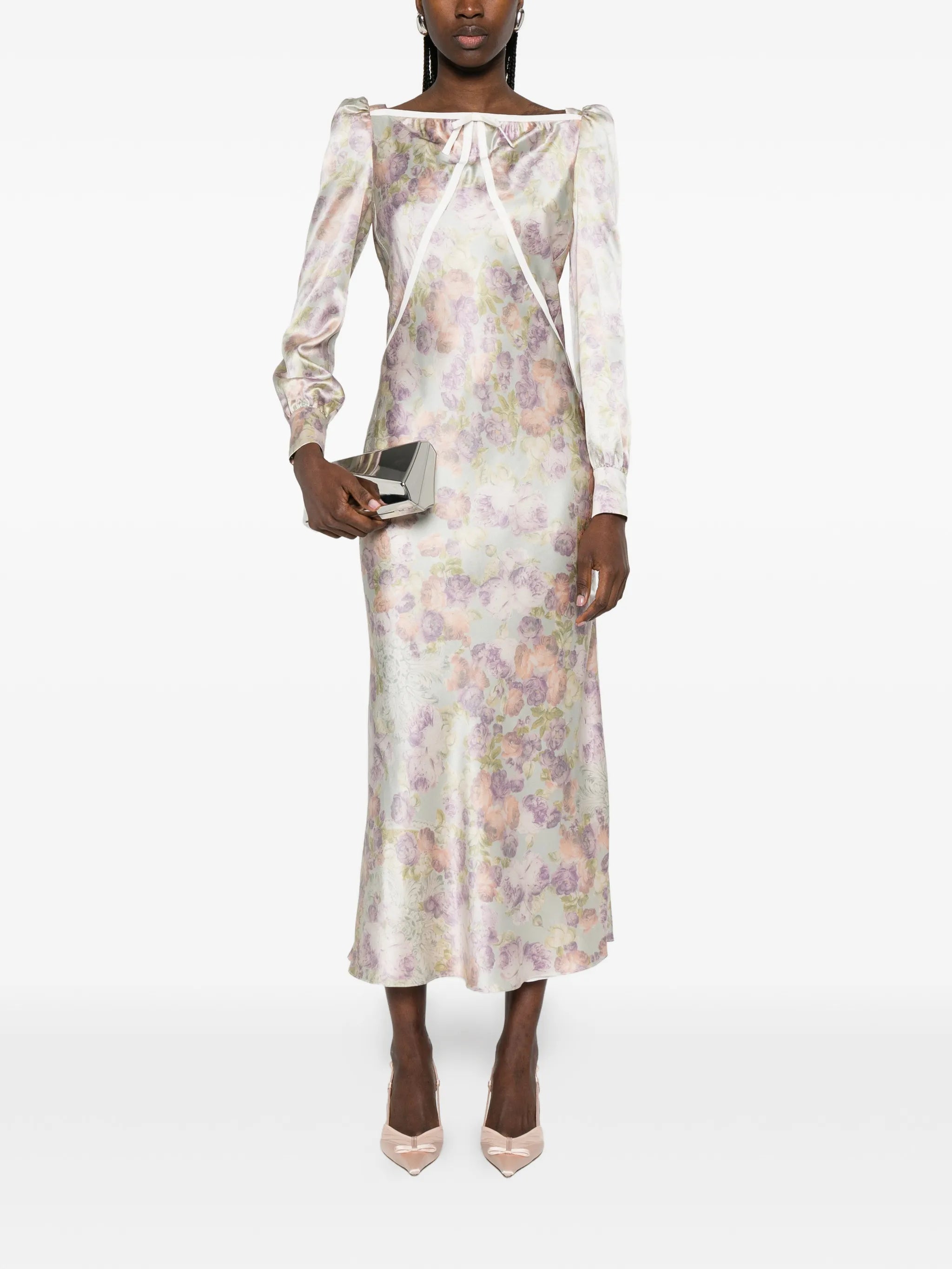 bow floral silk midi dress