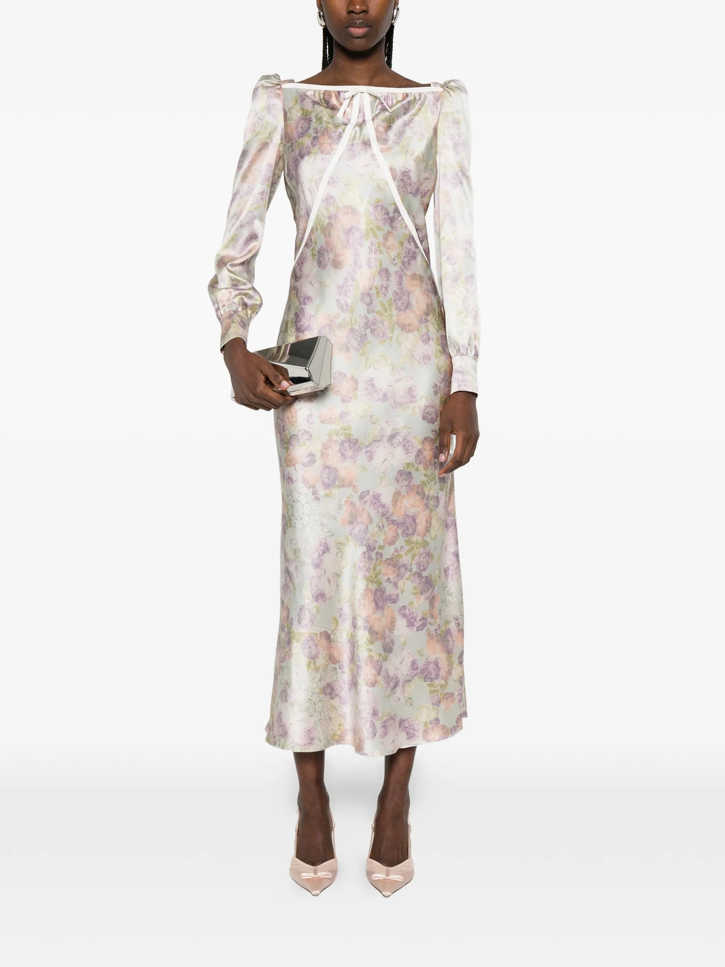 bow floral silk midi dress