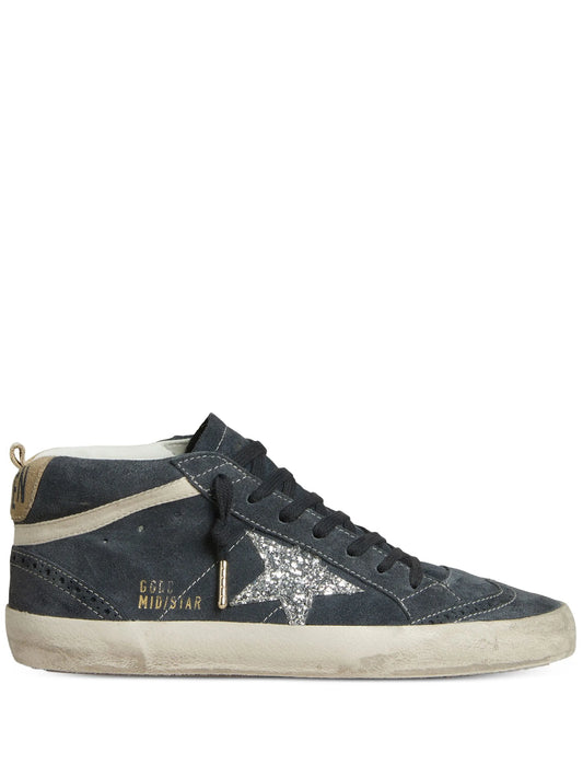 Mid Star in petrol-blue suede with silver glitter star and cotton flash sneakers