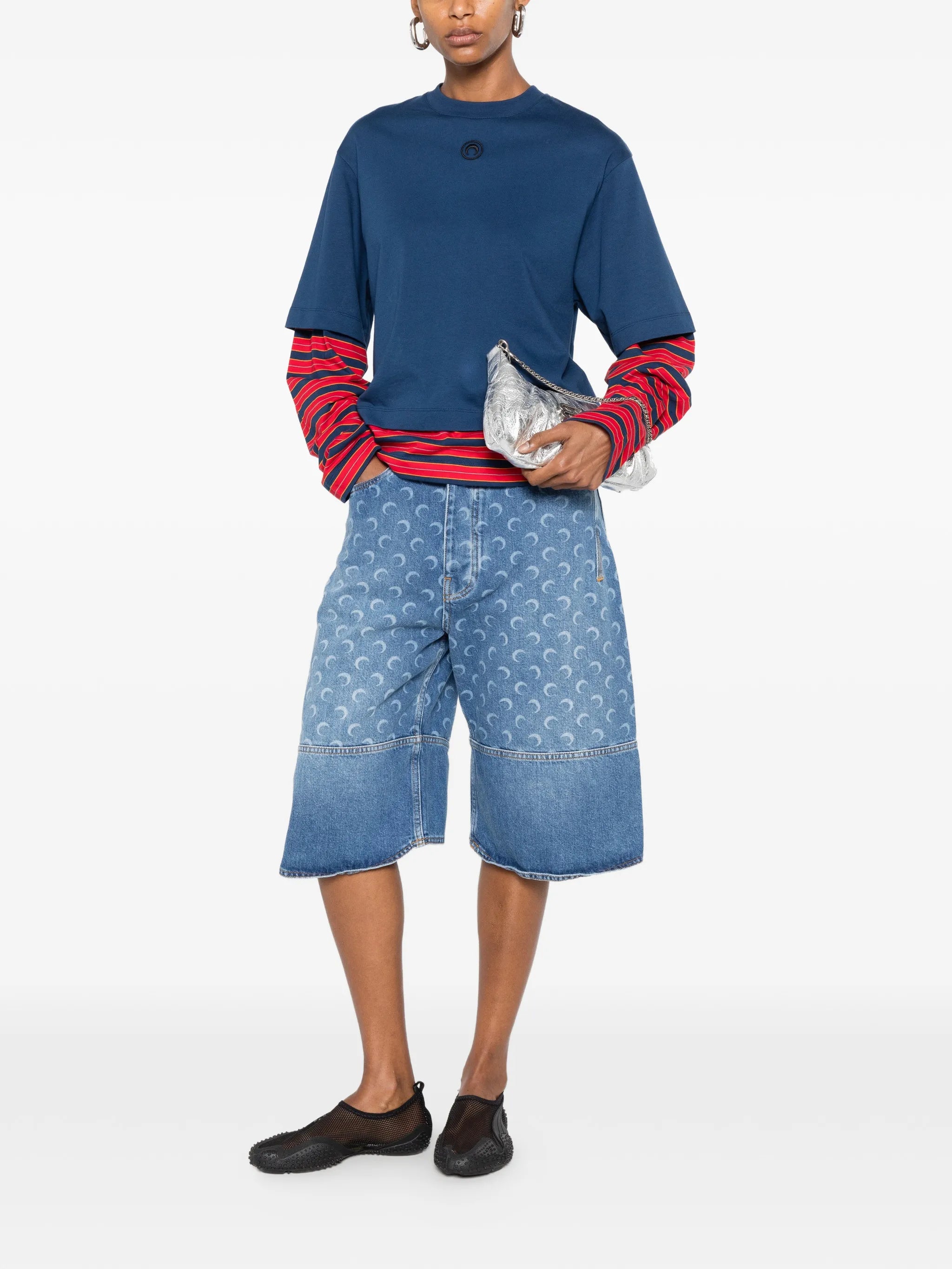 moon-print panelled denim shorts