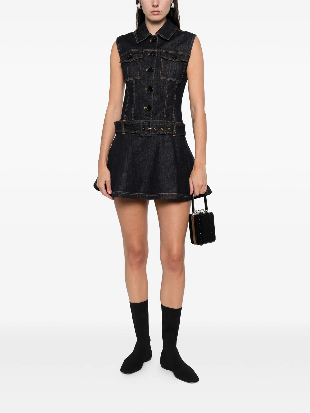 belted denim mini dress
