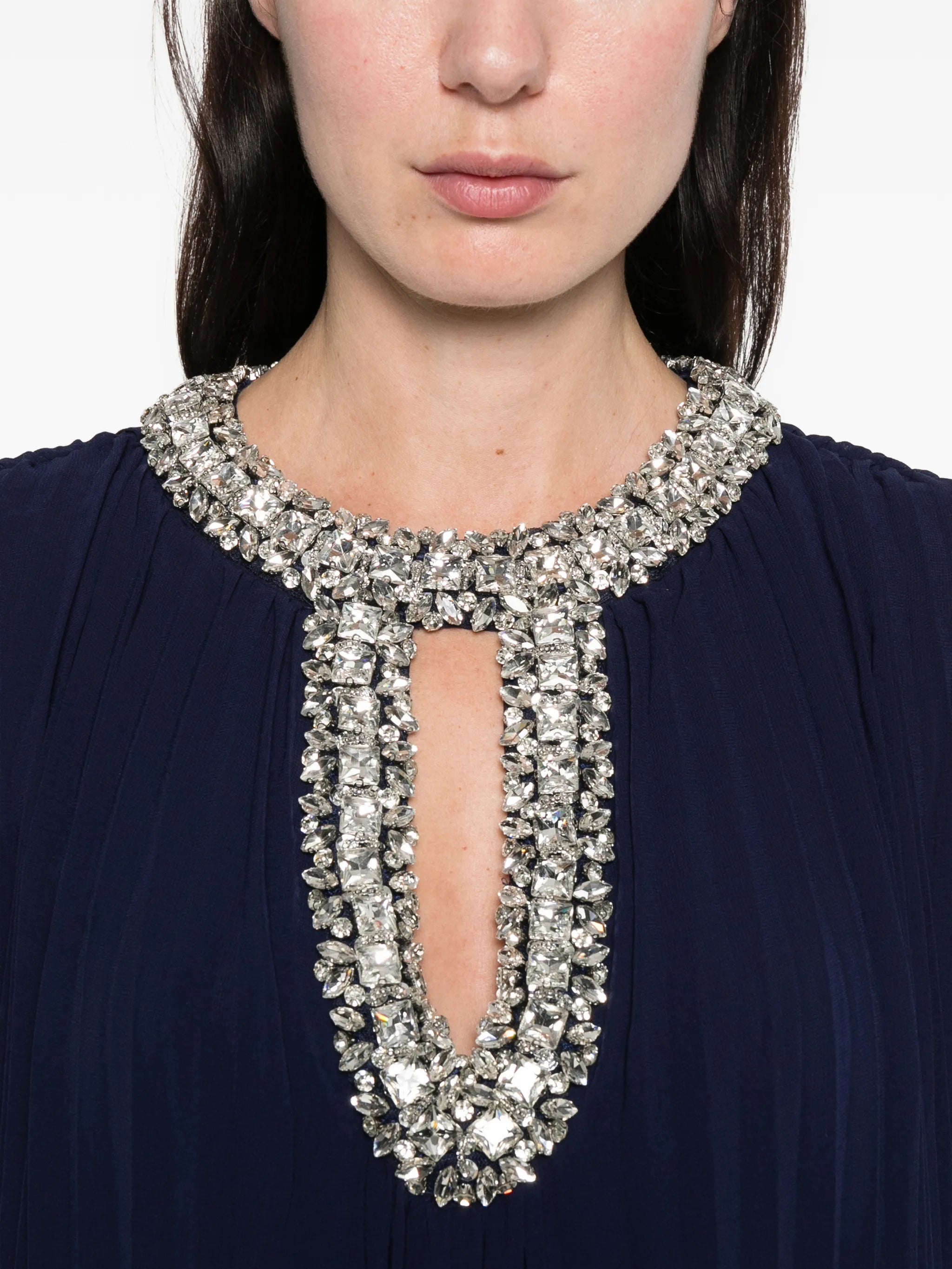 feather-cuff pleated maxi dress