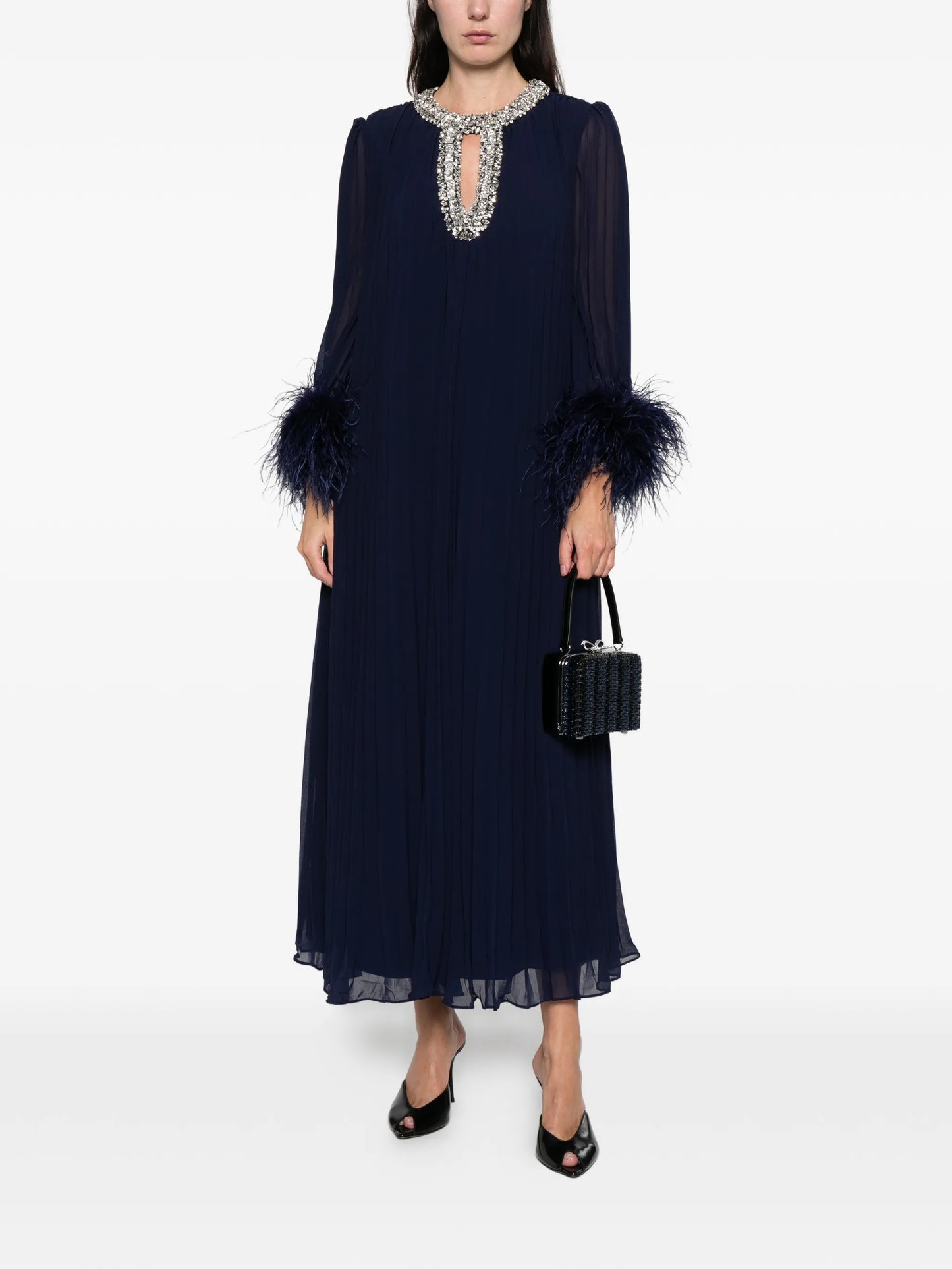 feather-cuff pleated maxi dress