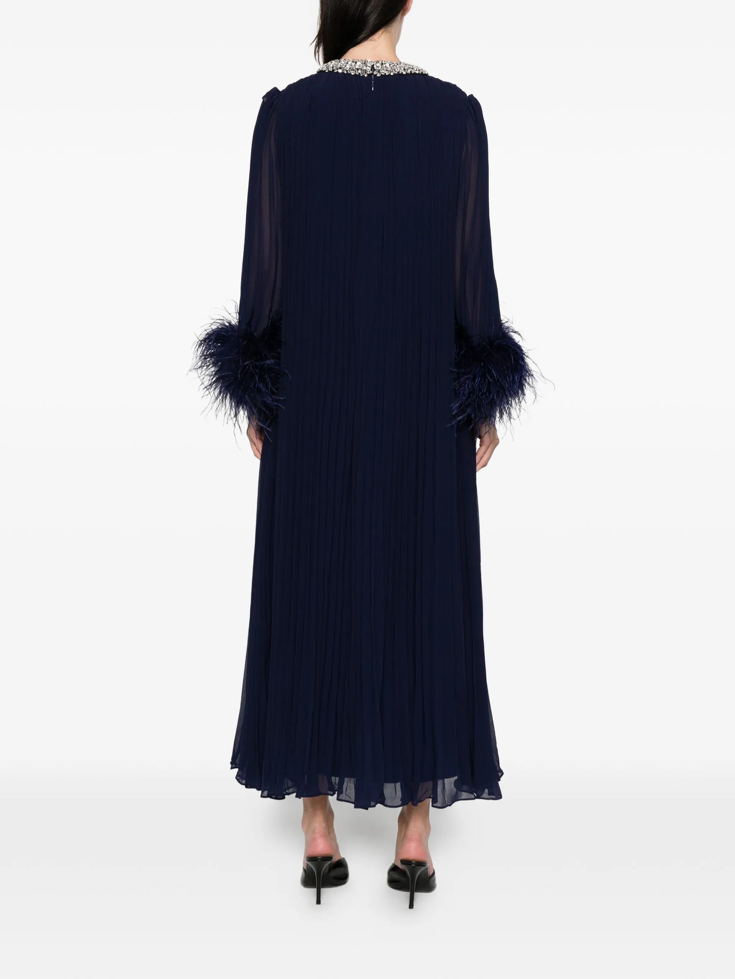 feather-cuff pleated maxi dress