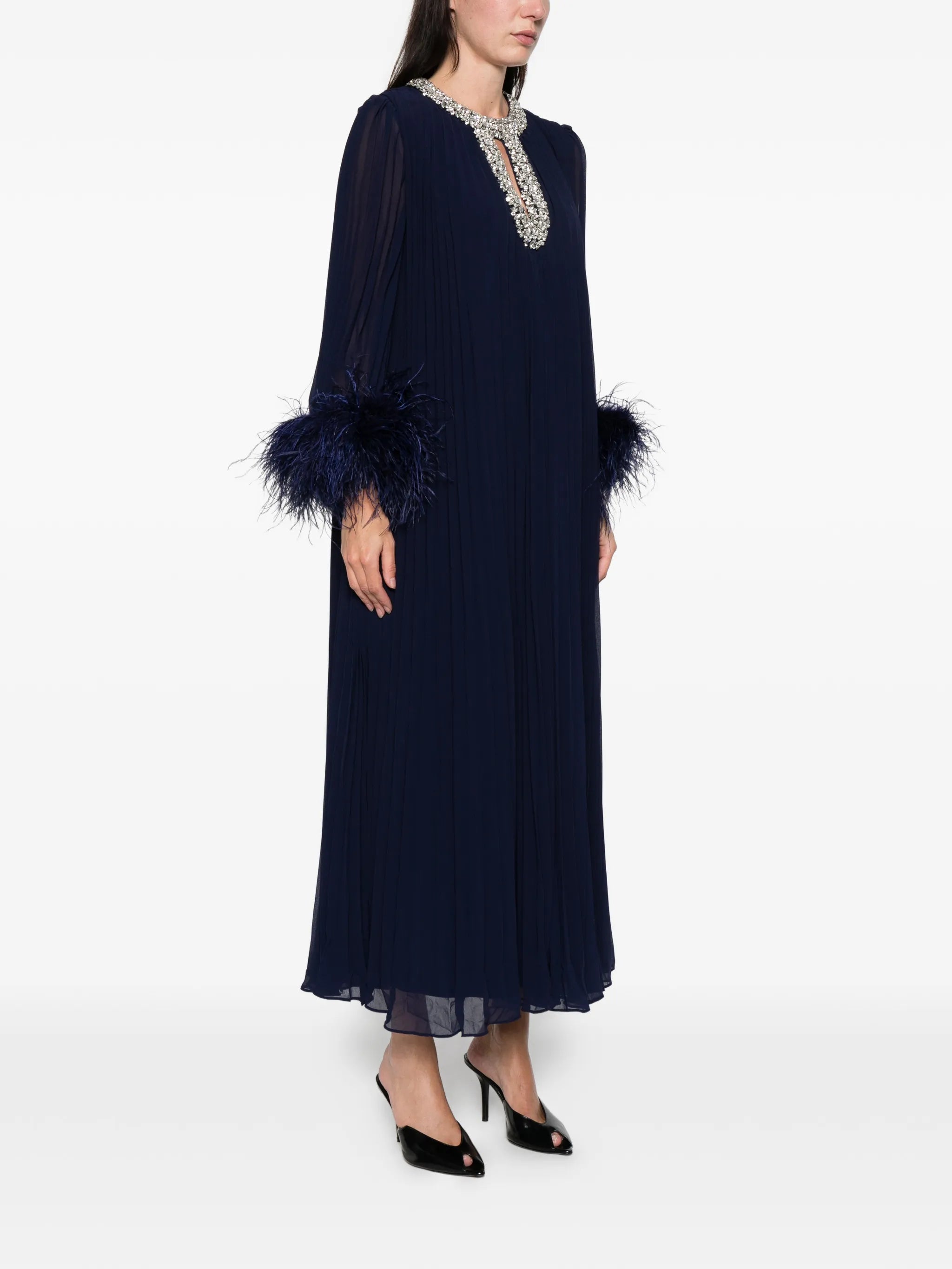 feather-cuff pleated maxi dress