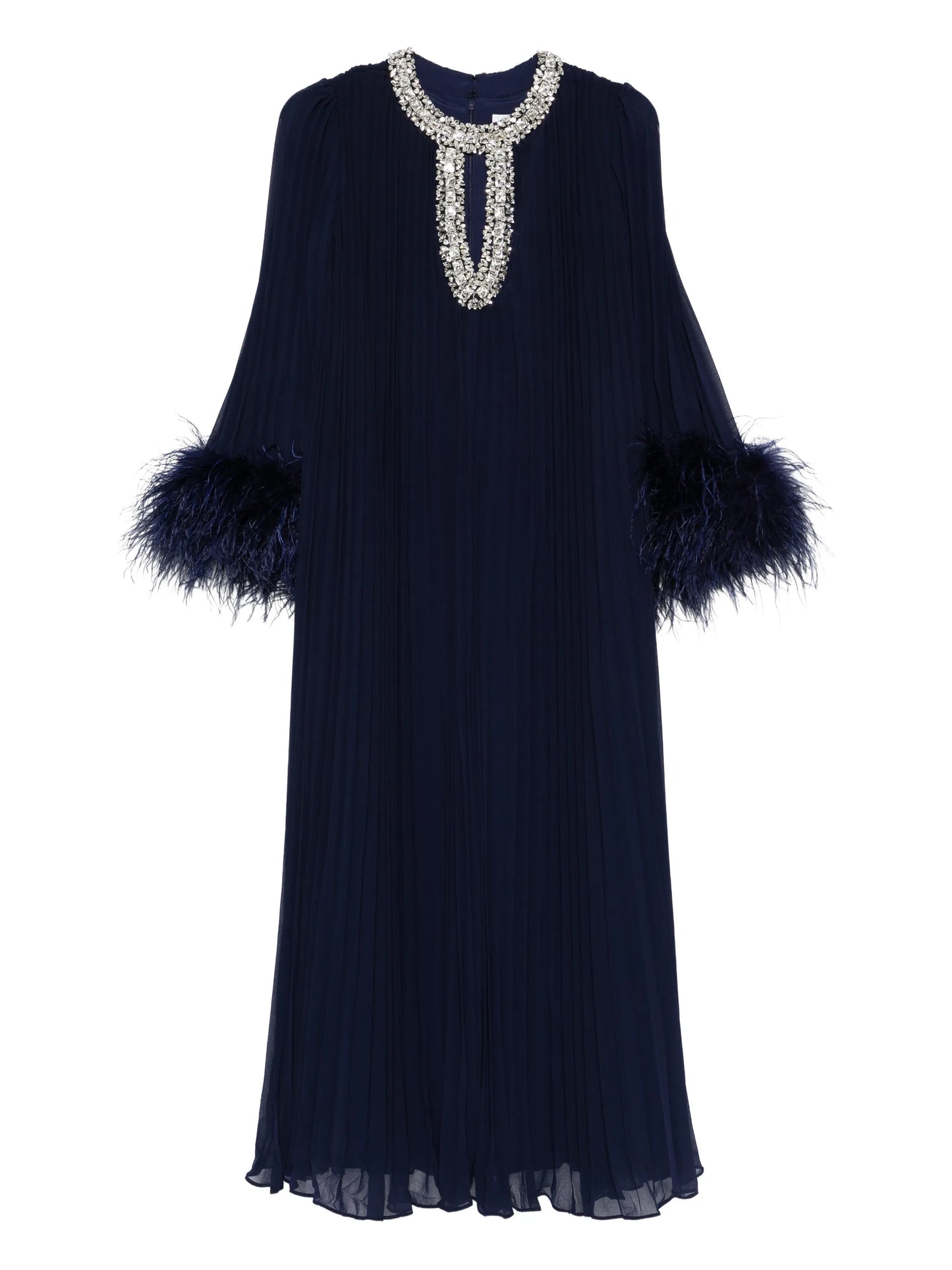 feather-cuff pleated maxi dress