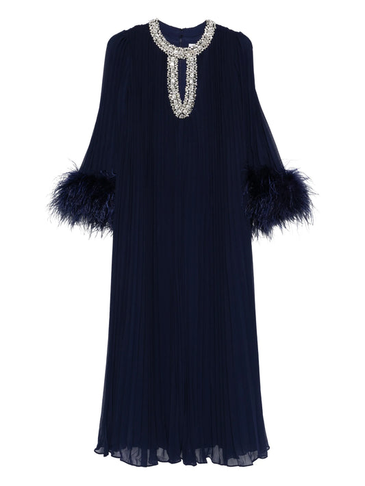 feather-cuff pleated maxi dress