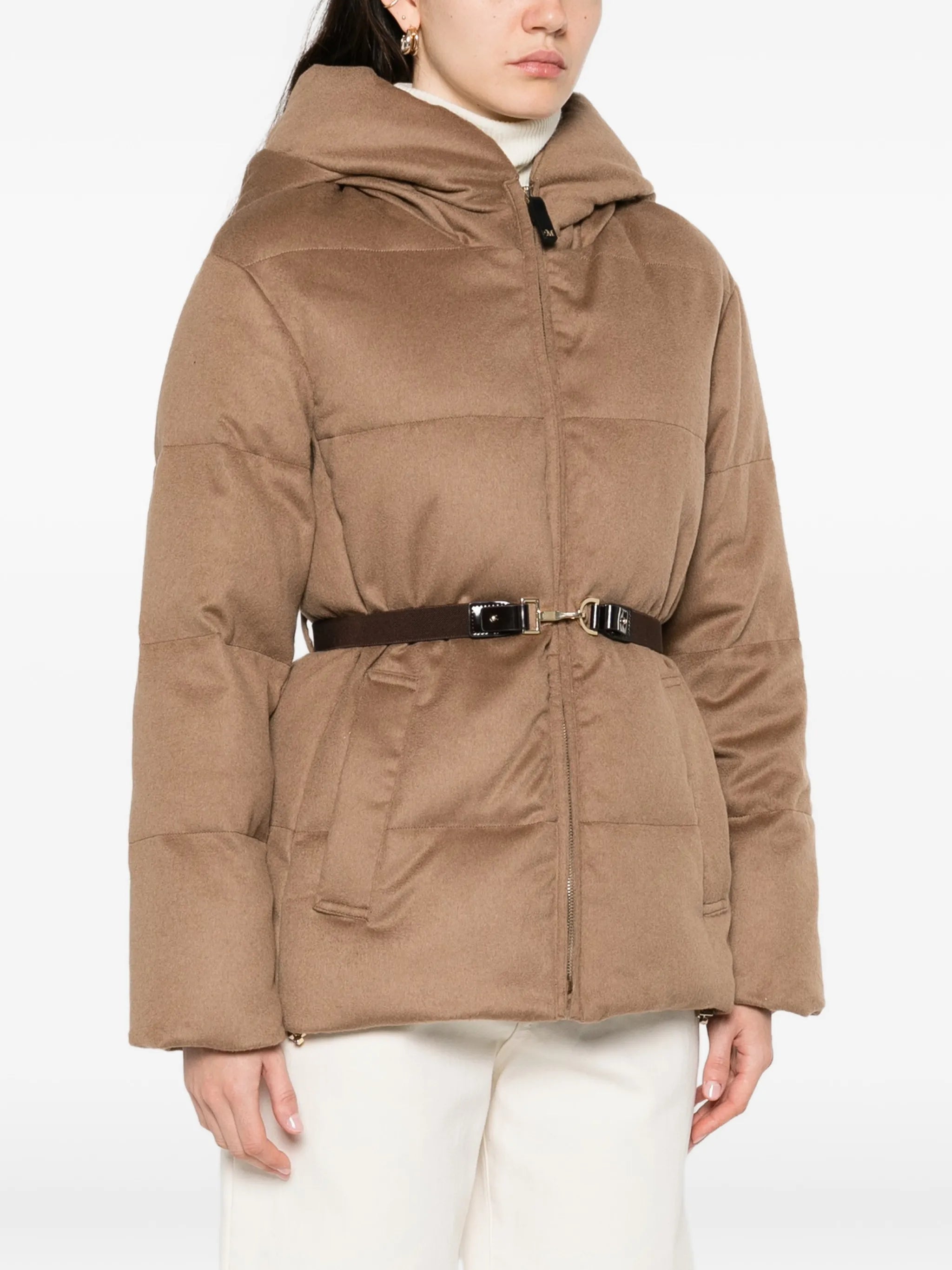 hooded belted quilted jacket