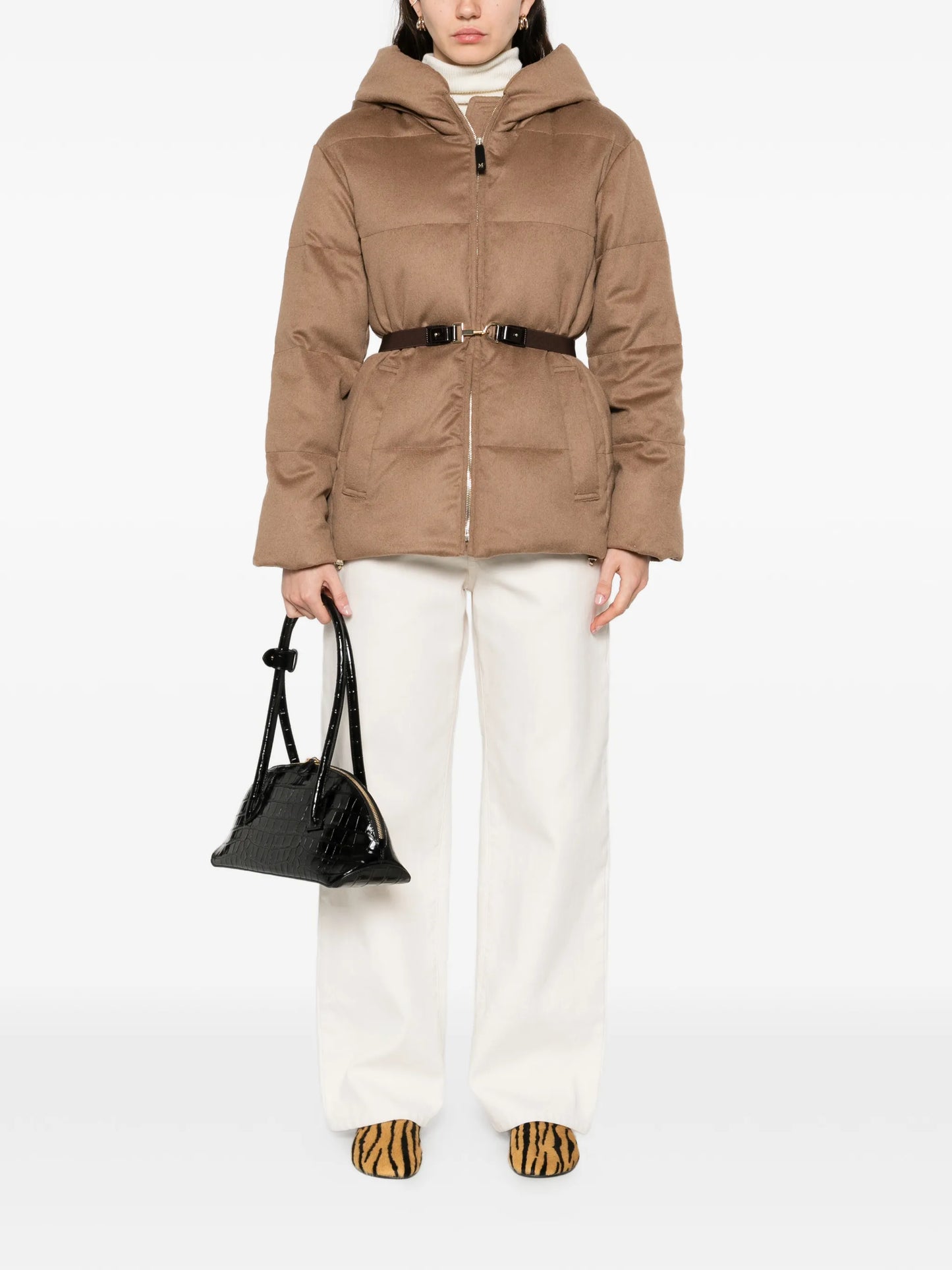 hooded belted quilted jacket