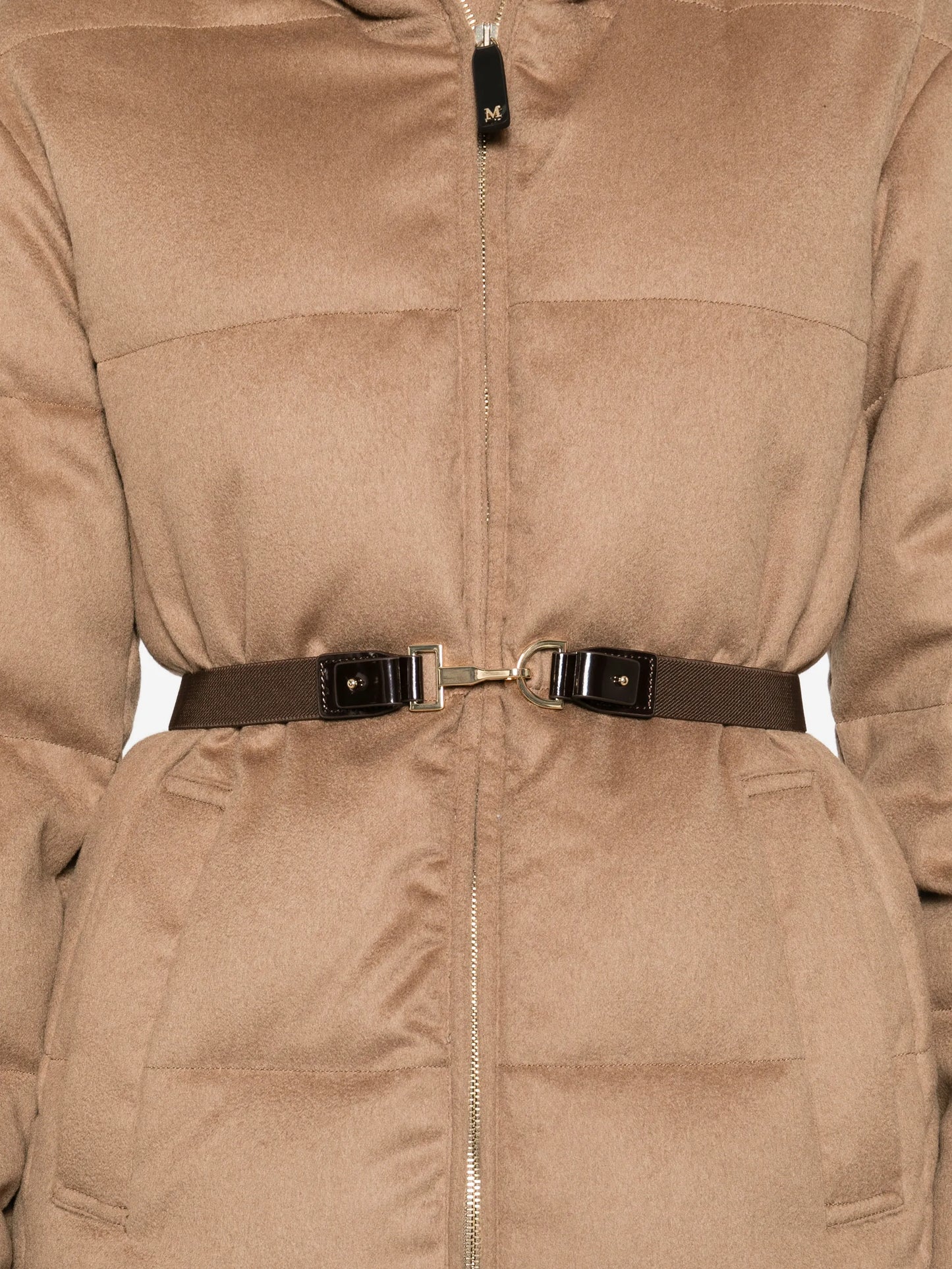 hooded belted quilted jacket