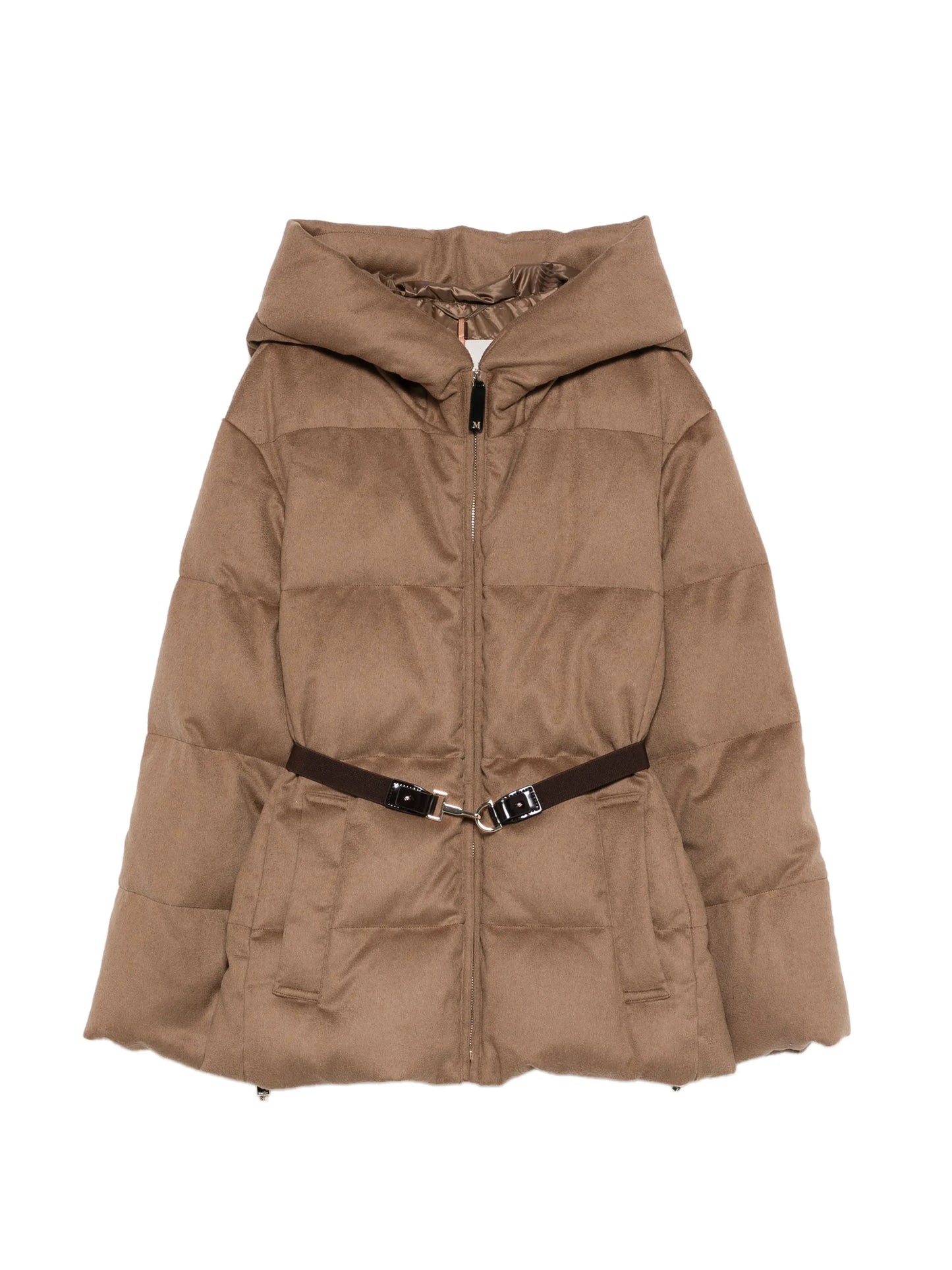 hooded belted quilted jacket