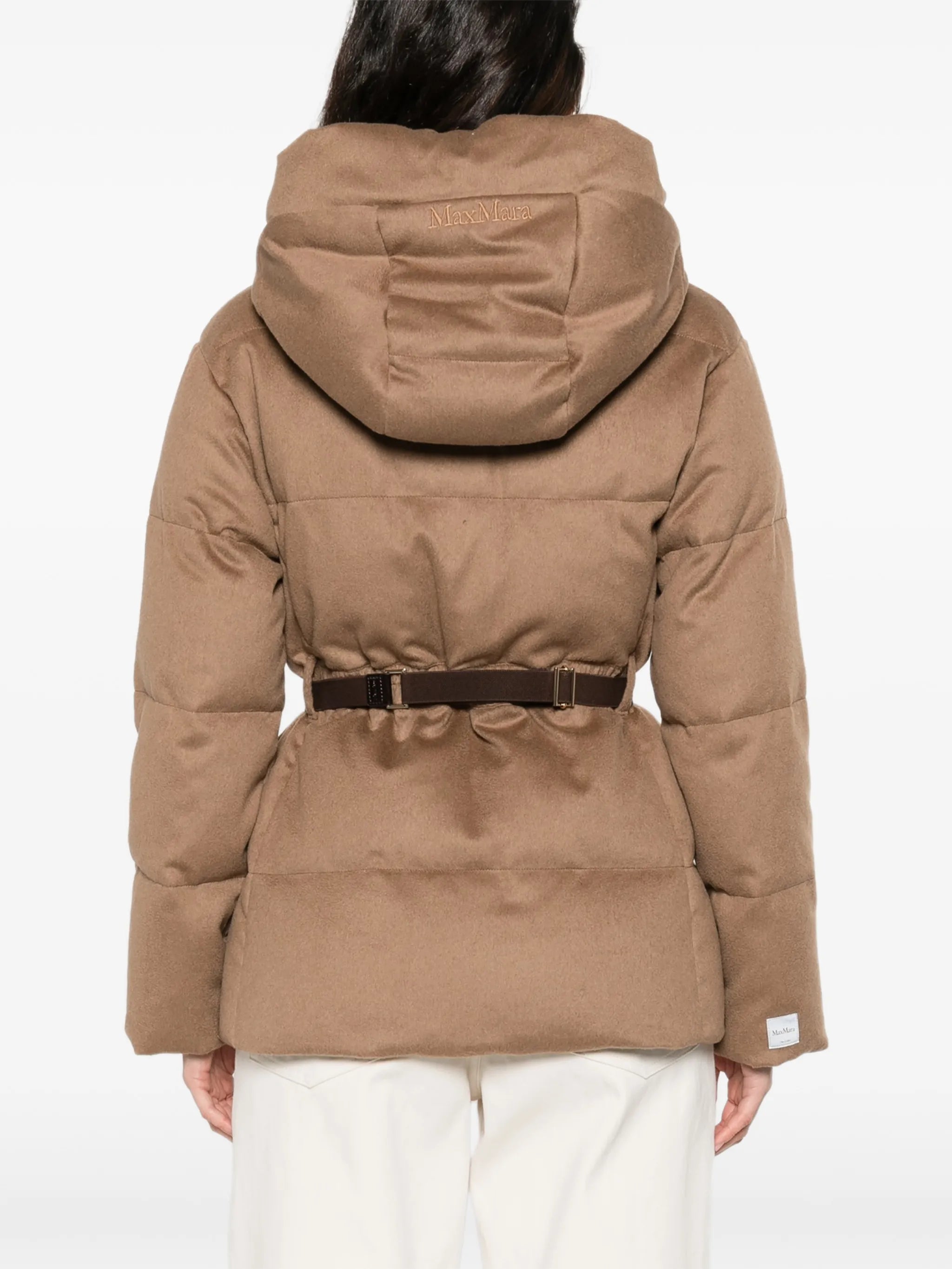 hooded belted quilted jacket