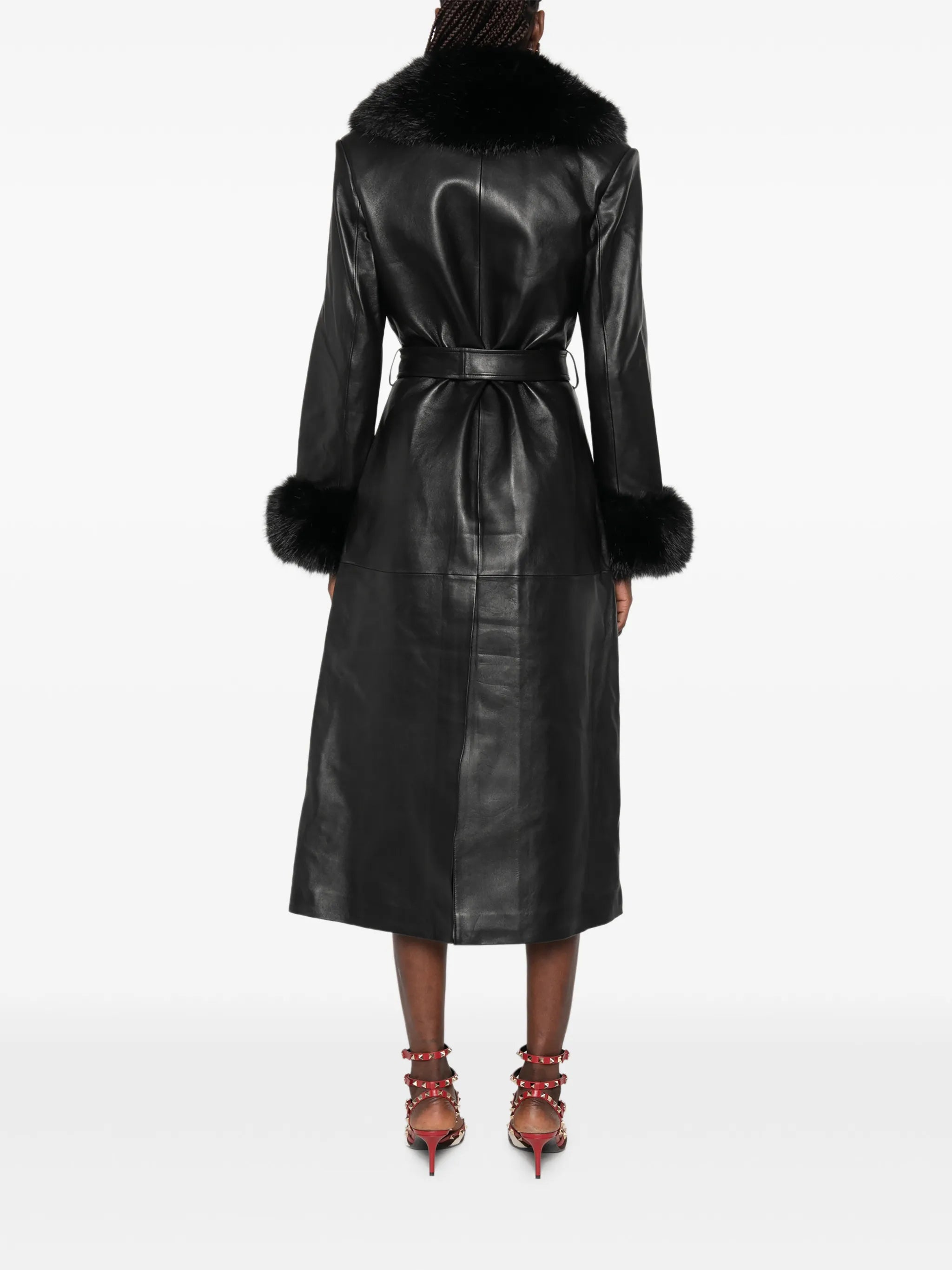 faux fur-collared belted coat