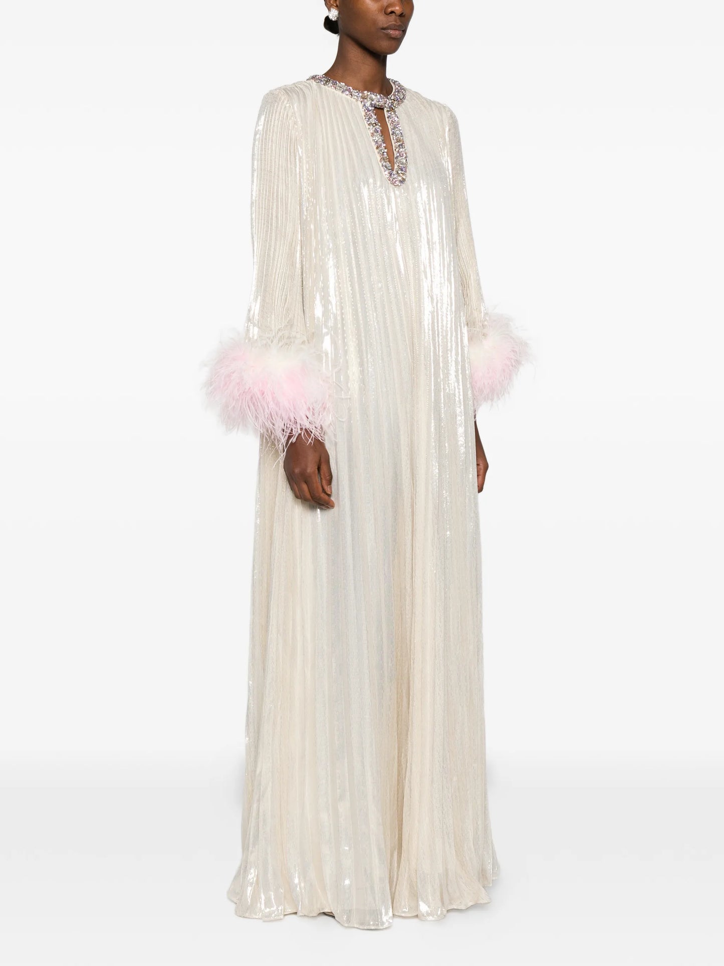 feather-embellished maxi dress