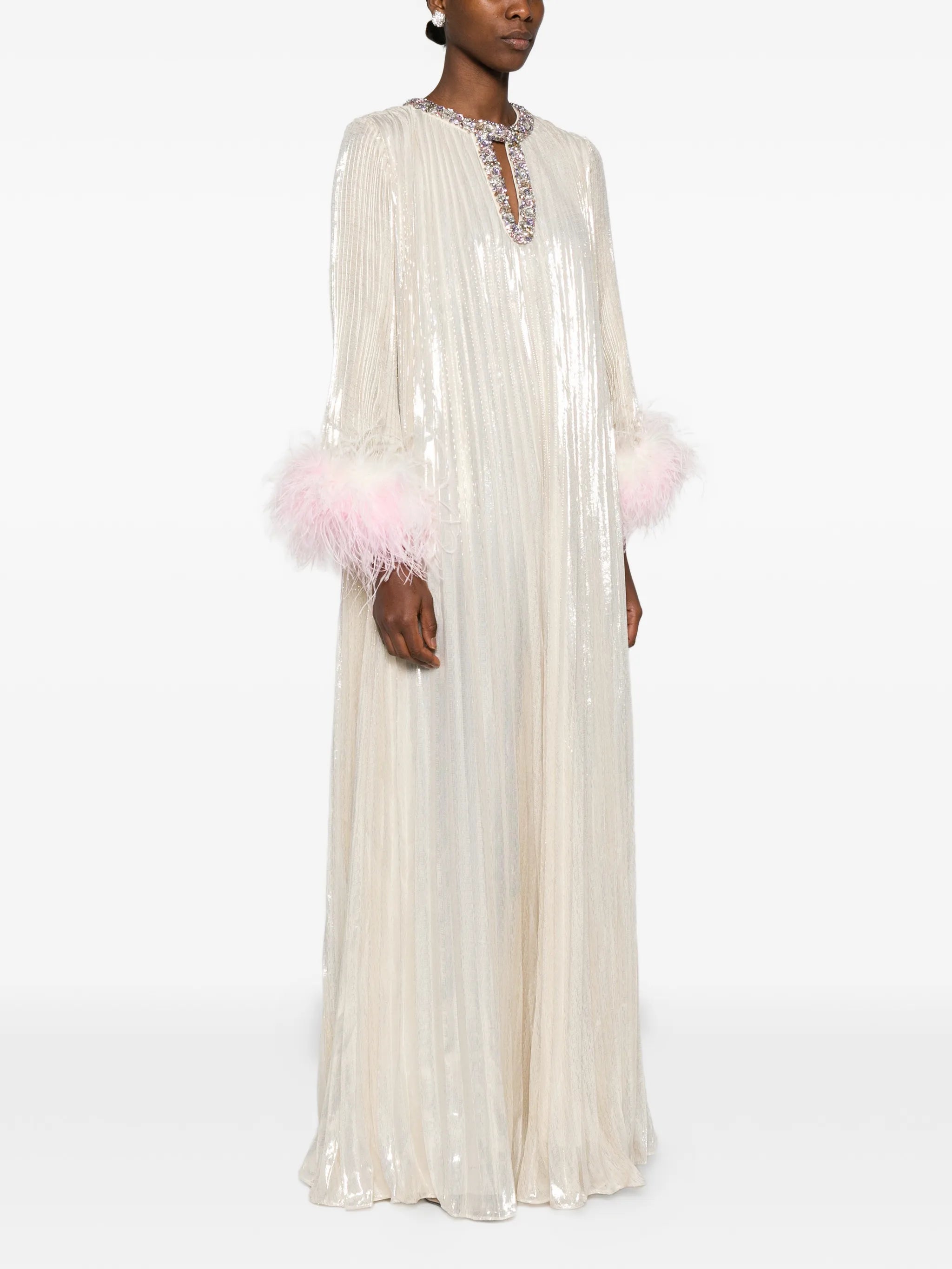 feather-embellished maxi dress