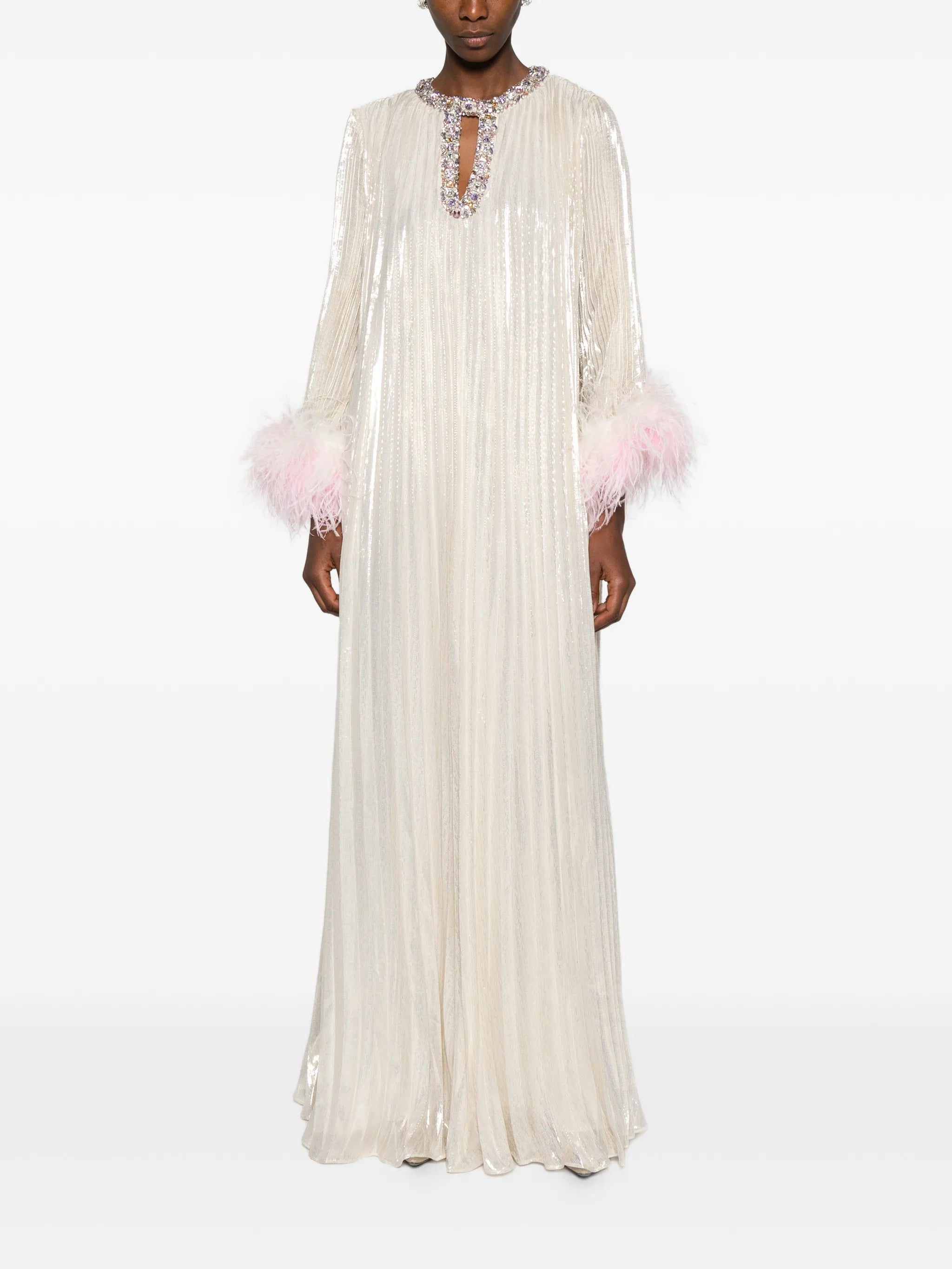 feather-embellished maxi dress