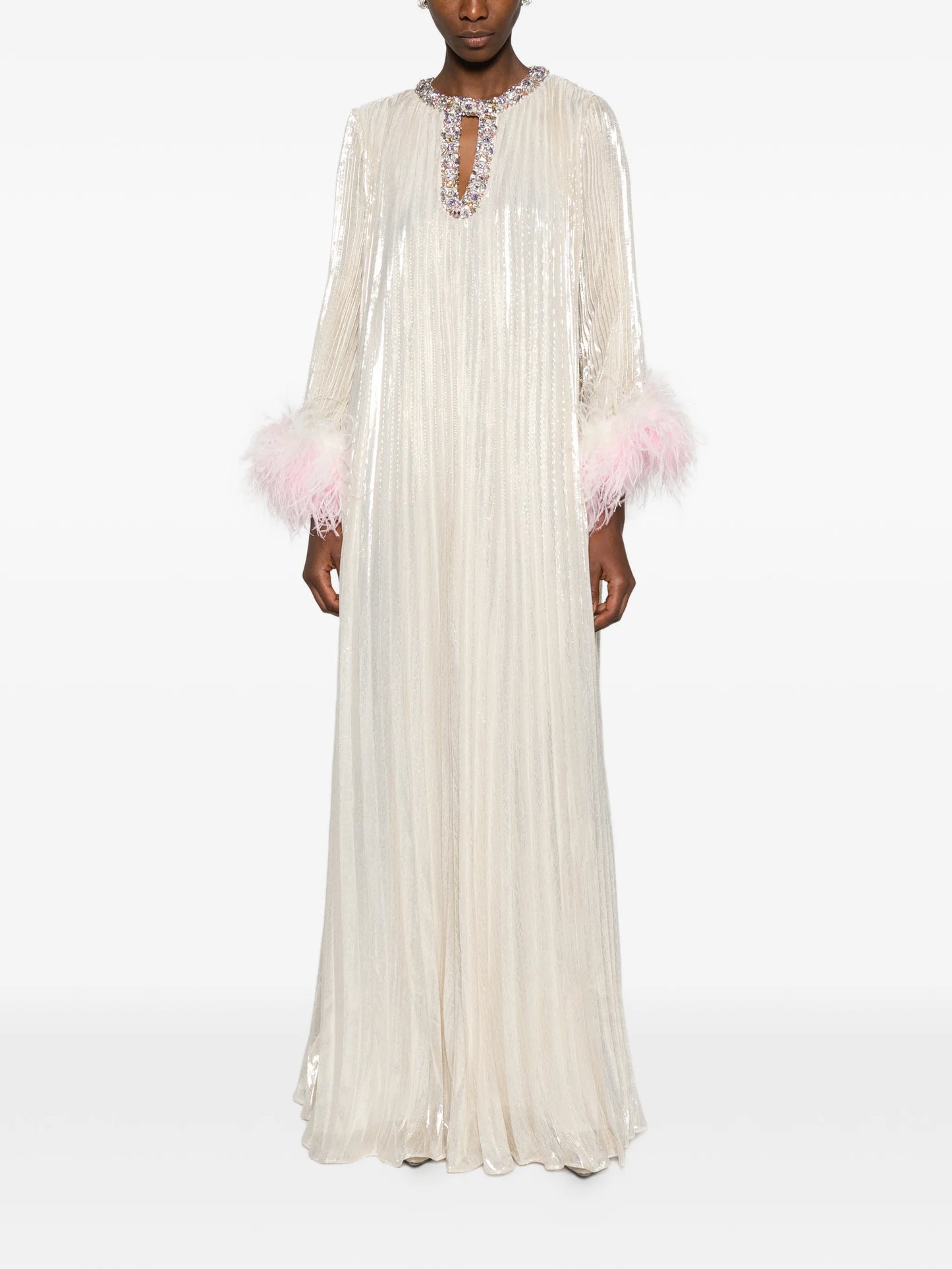 feather-embellished maxi dress