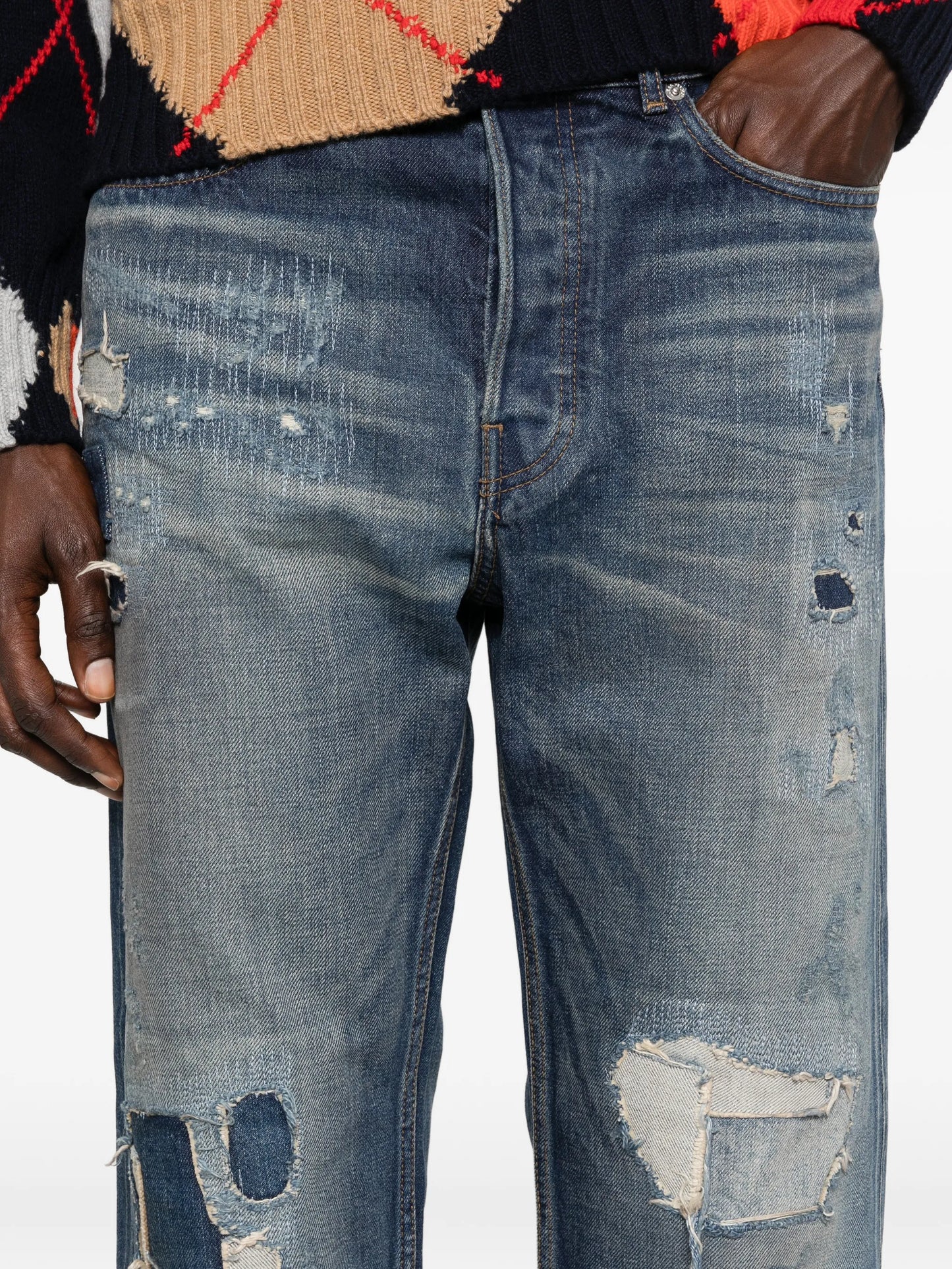 patchwork straight leg jeans