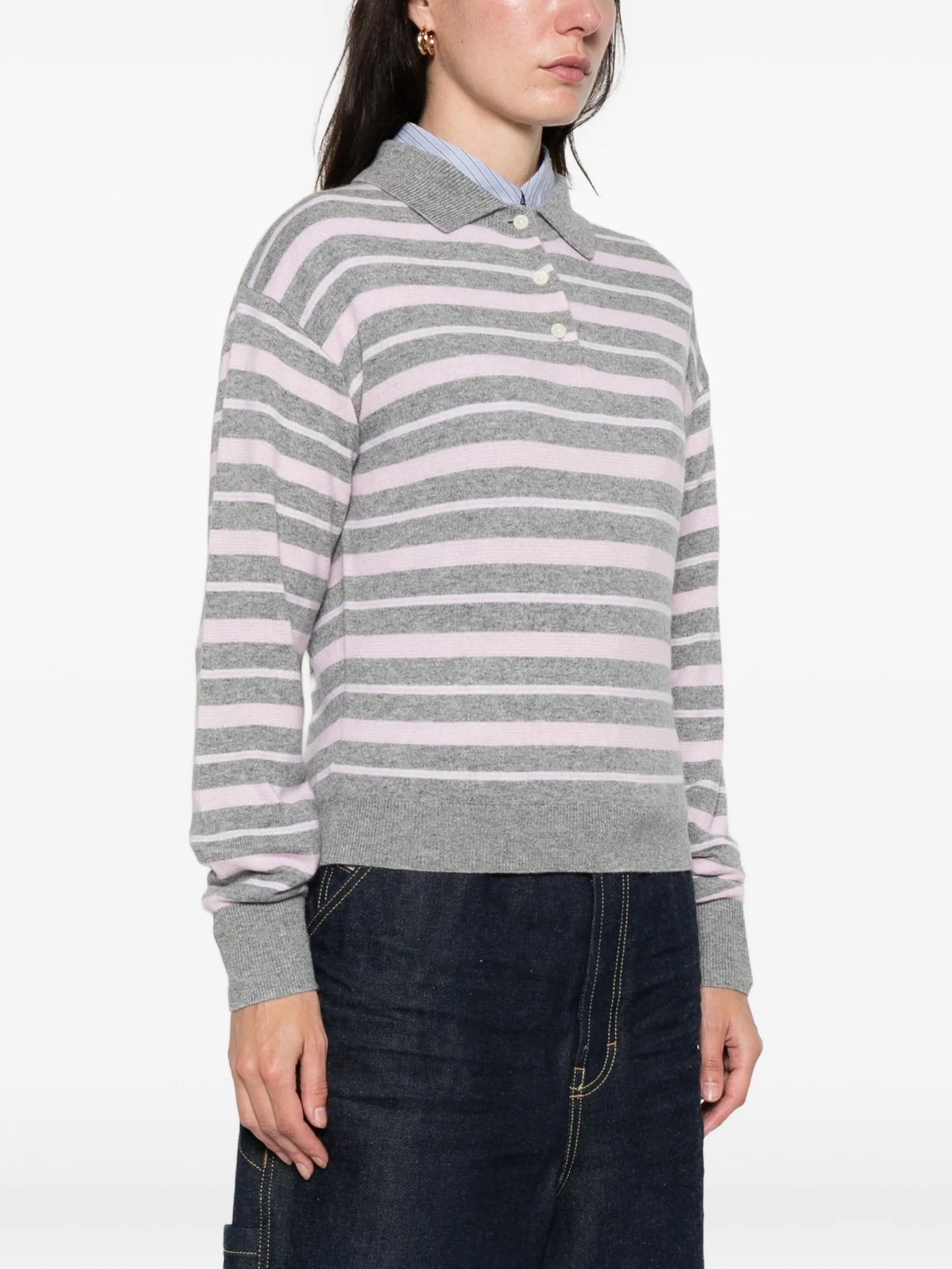 collegiate stripe long-leeves polo top