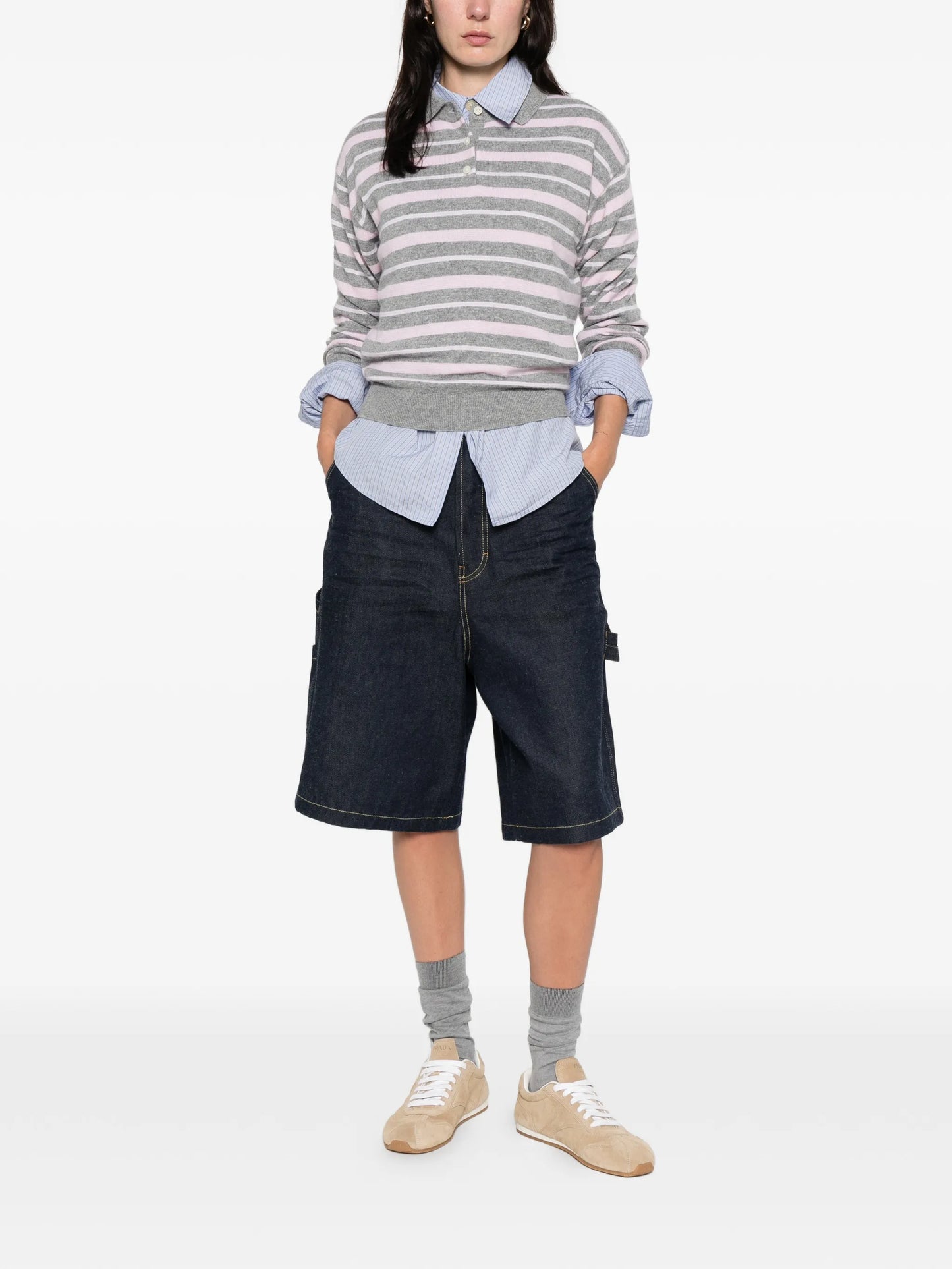 collegiate stripe long-leeves polo top