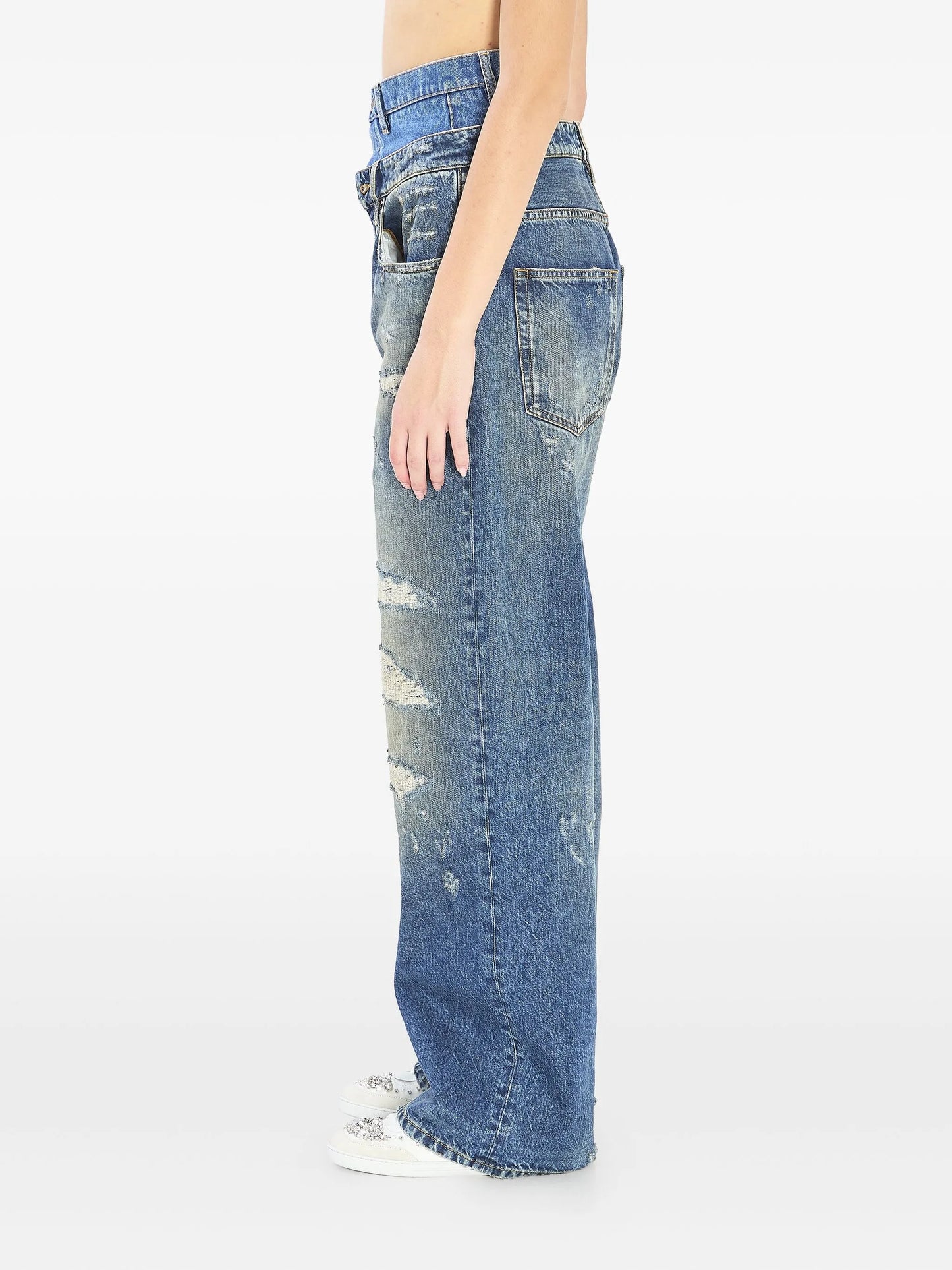 double-waist distressed jeans