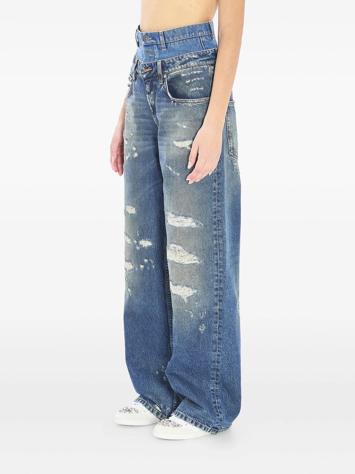 double-waist distressed jeans